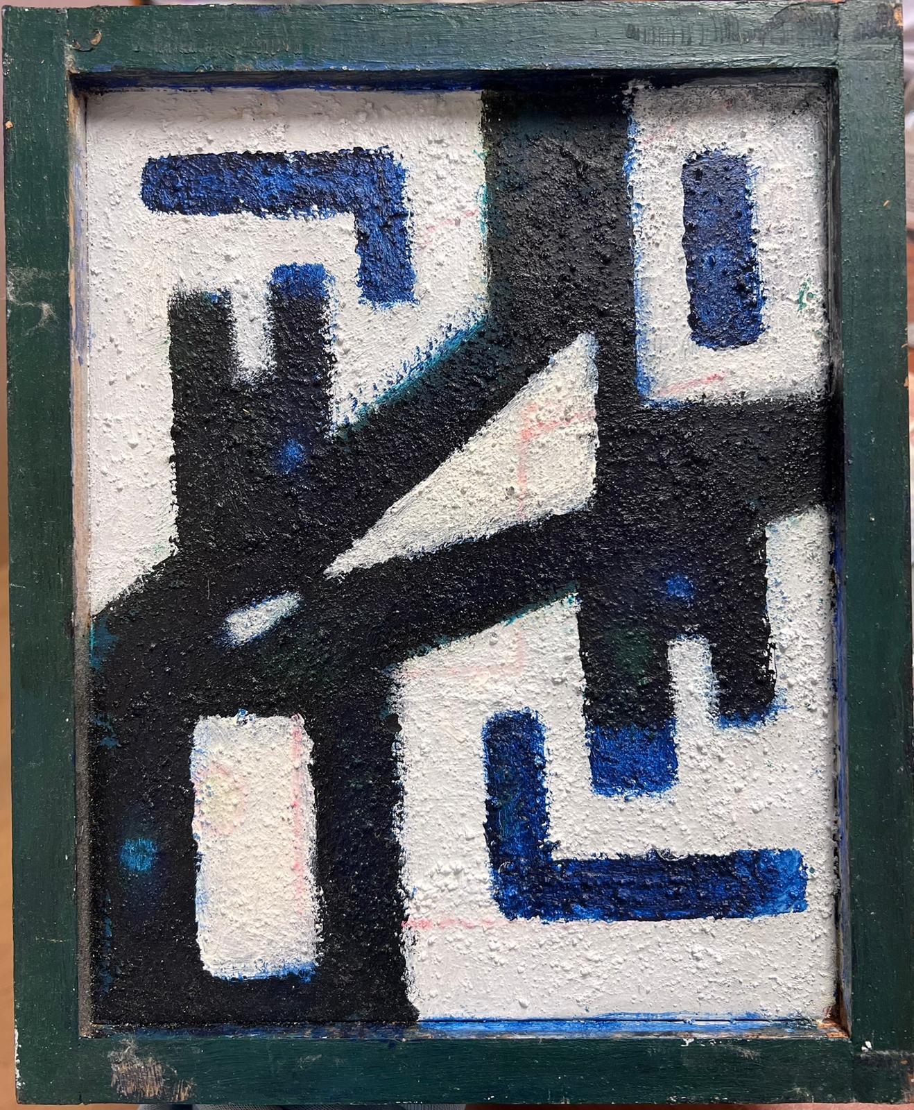 Black Blue & White French Cubist Abstract Oil Painting Thickly Painted framed For Sale 1