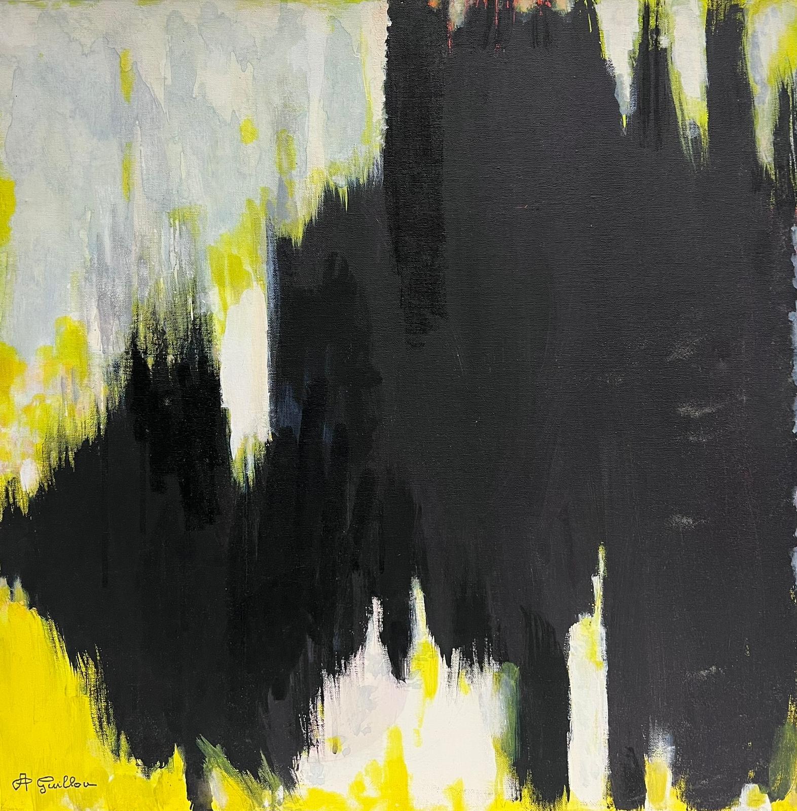 Andre Guillou Abstract Painting – Schwarz Gelb & Weiß Expressionist Französisch Ölgemälde Quadratische Form Leinwand