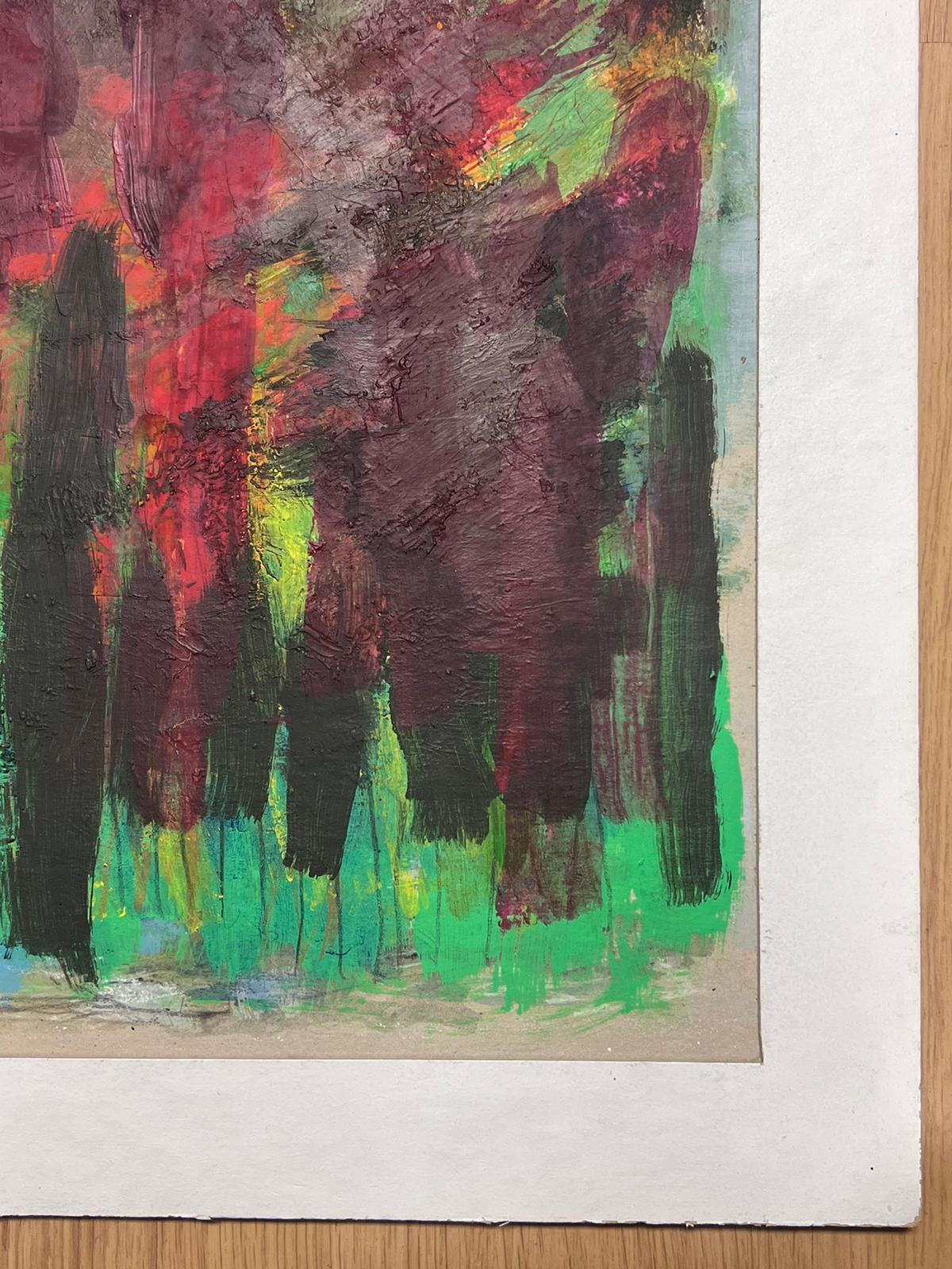 Abstrakt-expressionistische Komposition
von Andre Guillou (Französisch 1925-2017)  
Öl auf Karton, auf Karton geklebt, montiert
Passepartout: 19,75 x 25,5 Zoll
Brett: 16 x 22 Zoll
Herkunft: Nachlass des Künstlers, Frankreich
Zustand: sehr guter und