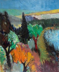 French Modernist Large Oil Painting Autumn Trees in Provence Landscape d. 2002