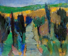 Peinture à l'huile moderniste française Chemin dans un paysage de Provence brûlé par le soleil