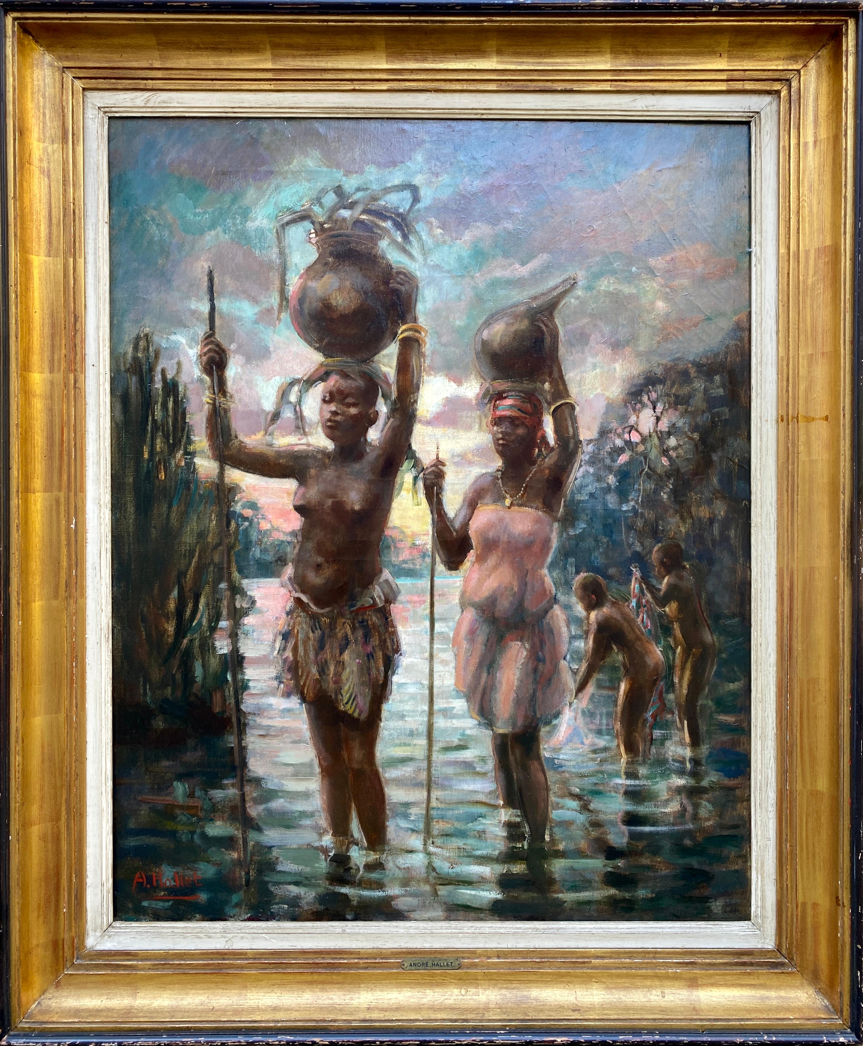 André Hallet
Liège, Belgium 1890 – 1959 Kisenyi, Rwanda
Belgian Painter

'The Water Carriers'
Signature: Signed bottom left, placed and named on reverse
Medium: Oil on canvas
Dimensions: Image size 100 x 80,50 cm, frame size 120,50 x 100,50