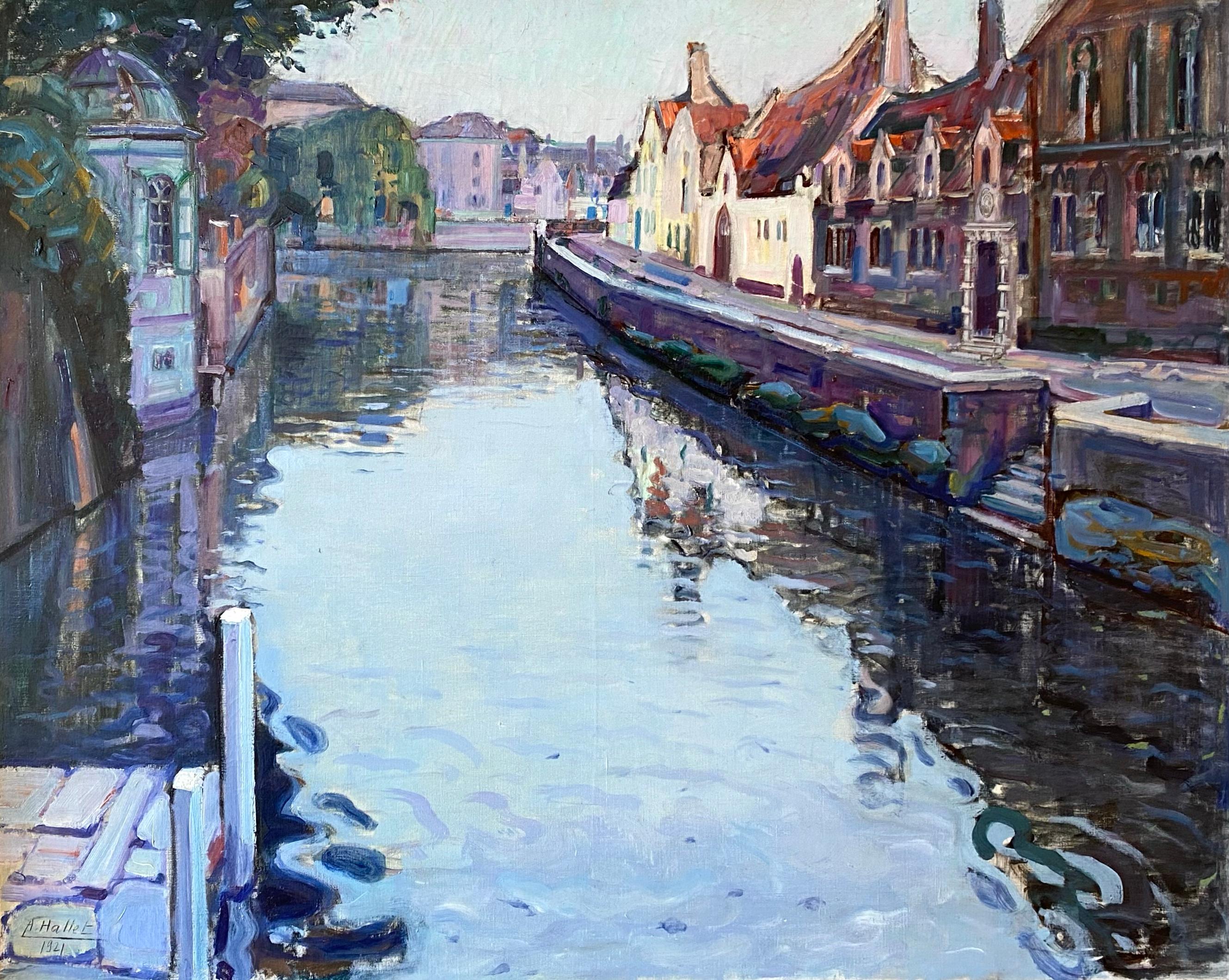 The 'Canal View from the Meebrug, Bruges' par André Hallet (1890 - 1959), daté de 1921 en vente 1