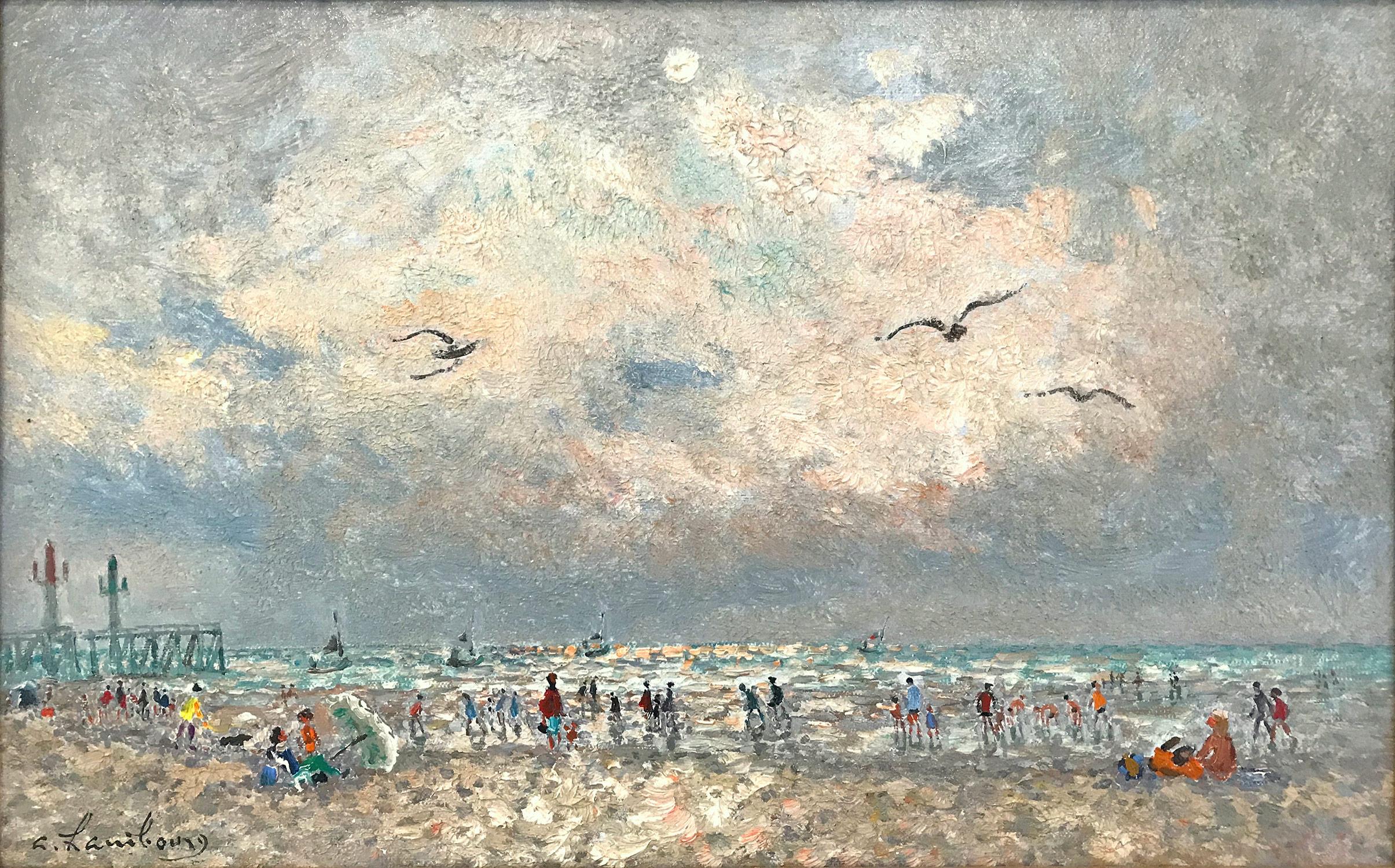 Peinture à l'huile sur toile post-impressionniste française « Scène de mer avec personnages » - Painting de Andre Hambourg