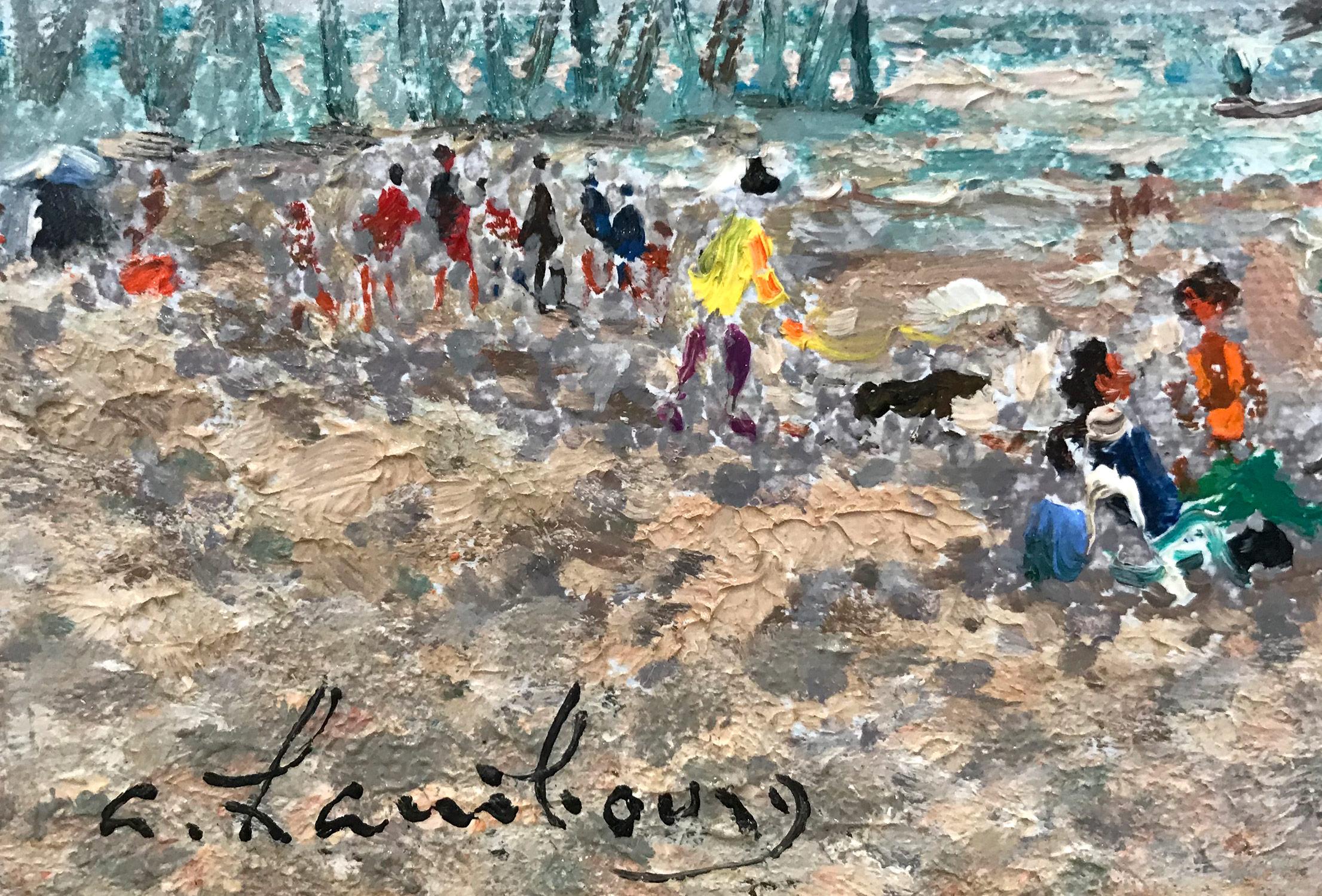 Peinture à l'huile sur toile post-impressionniste française « Scène de mer avec personnages » en vente 1