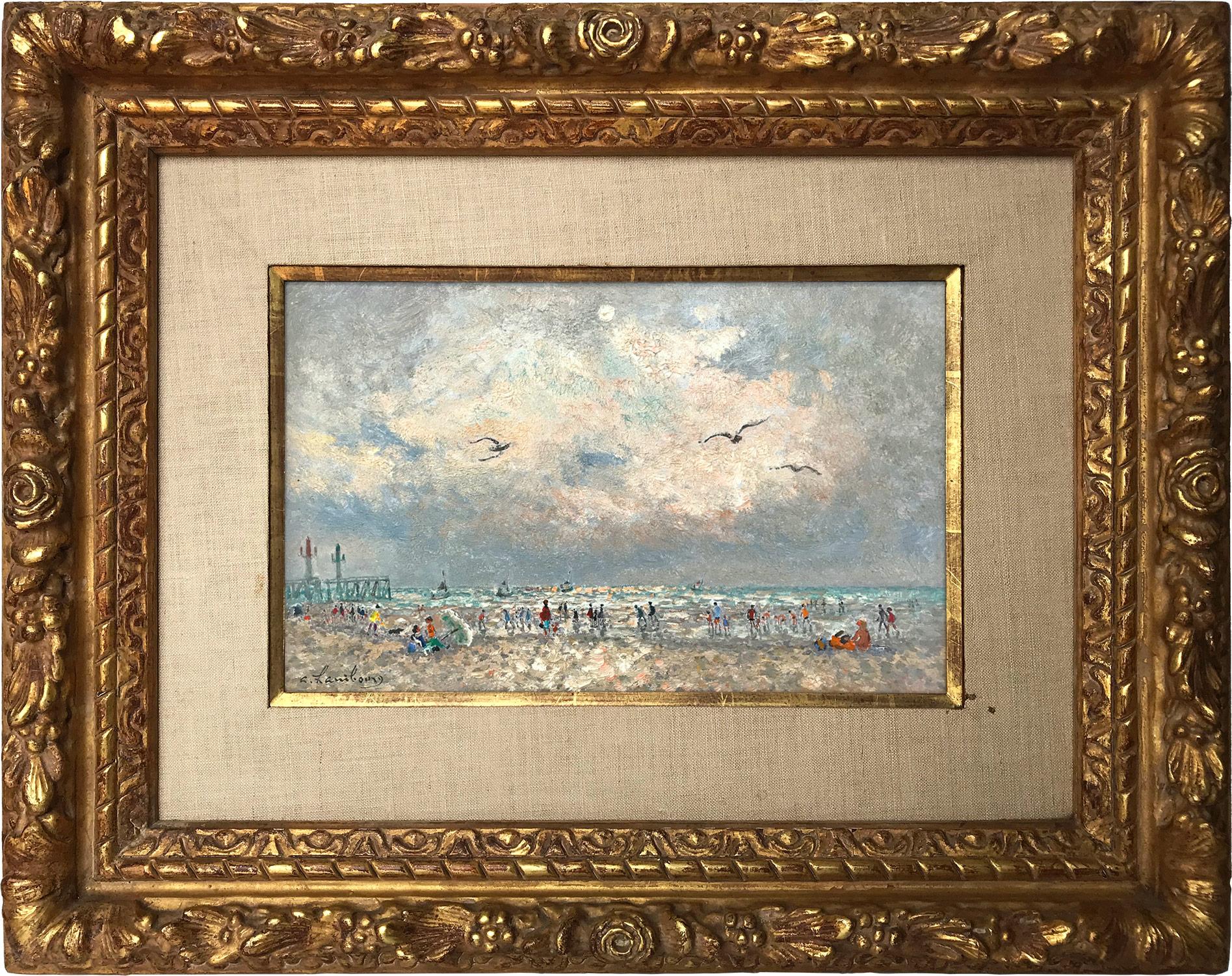 "Beach Scene with Figures" French Post-Impressionist Oil Painting on Canvas