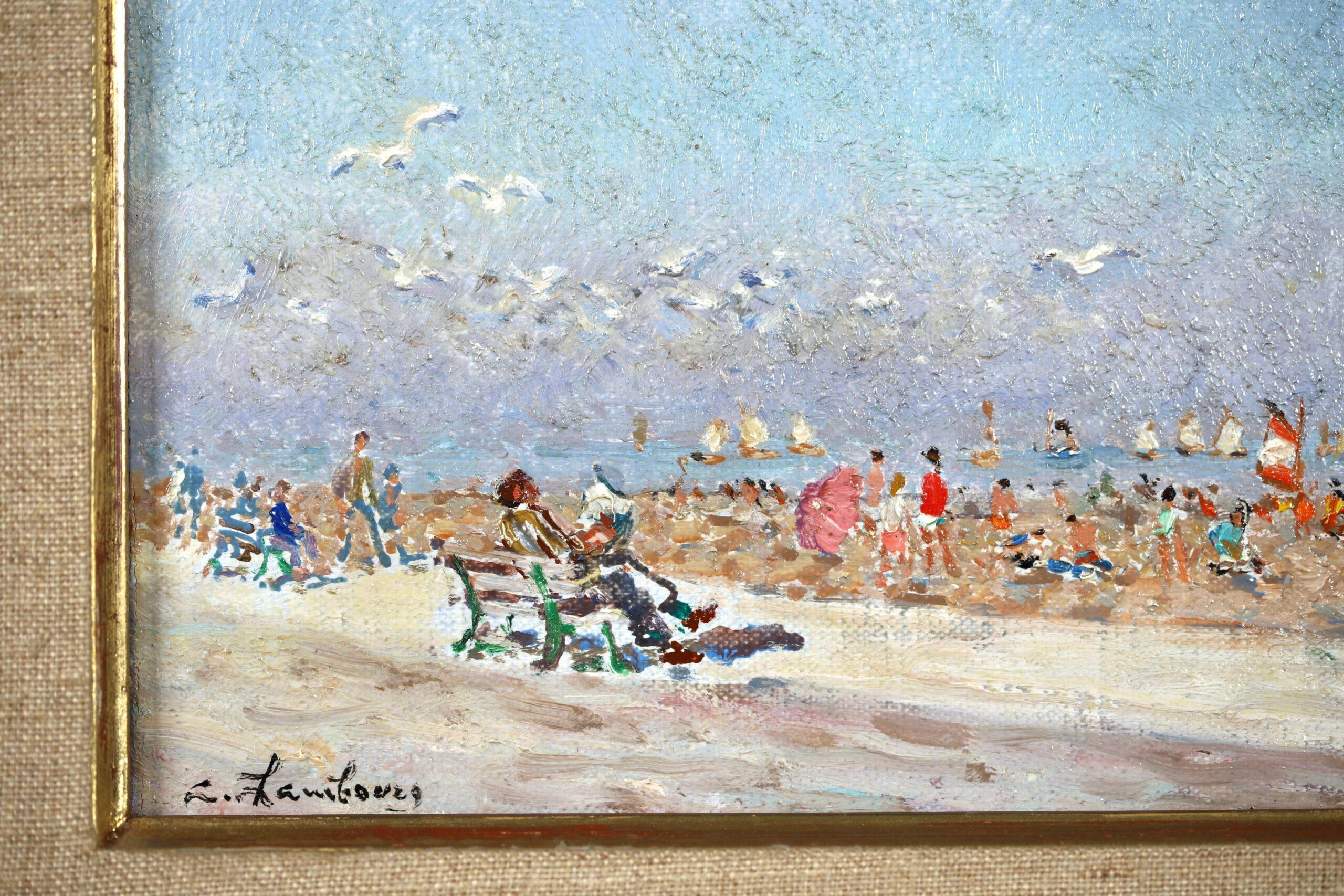Signed figures in landscape oil on canvas circa 1980 by French modernist painter Andre Hambourg. This beautiful piece depicts families enjoying a day out at the seaside in the height of summer - bathers rest on the golden sand of the beach in