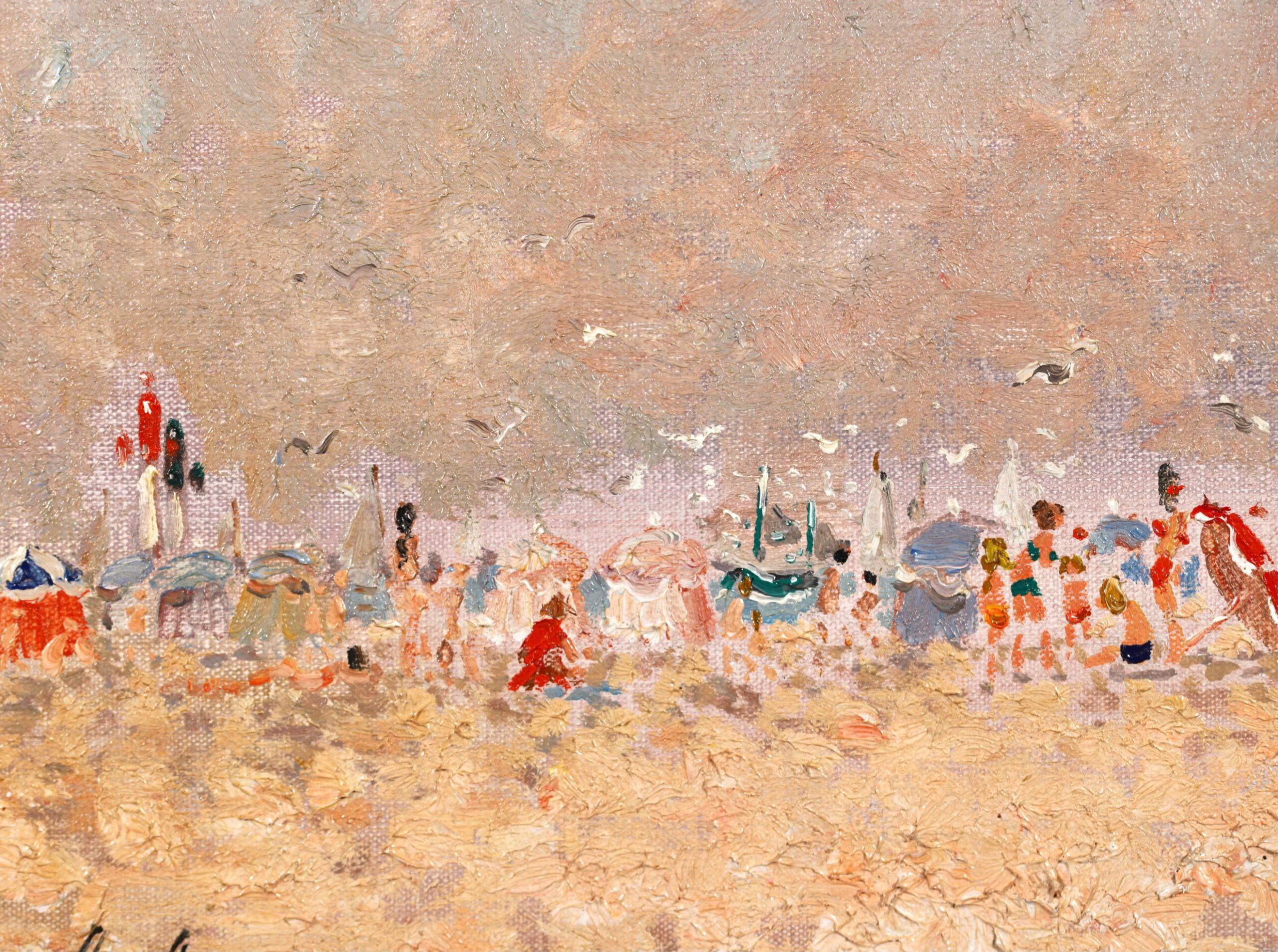 Signed figures in a landscape oil on canvas circa 1980 by French modernist painter Andre Hambourg. This beautiful piece depicts families enjoying a day out at the seaside - bathers rest on the golden sand of the beach in Toruville, France, while