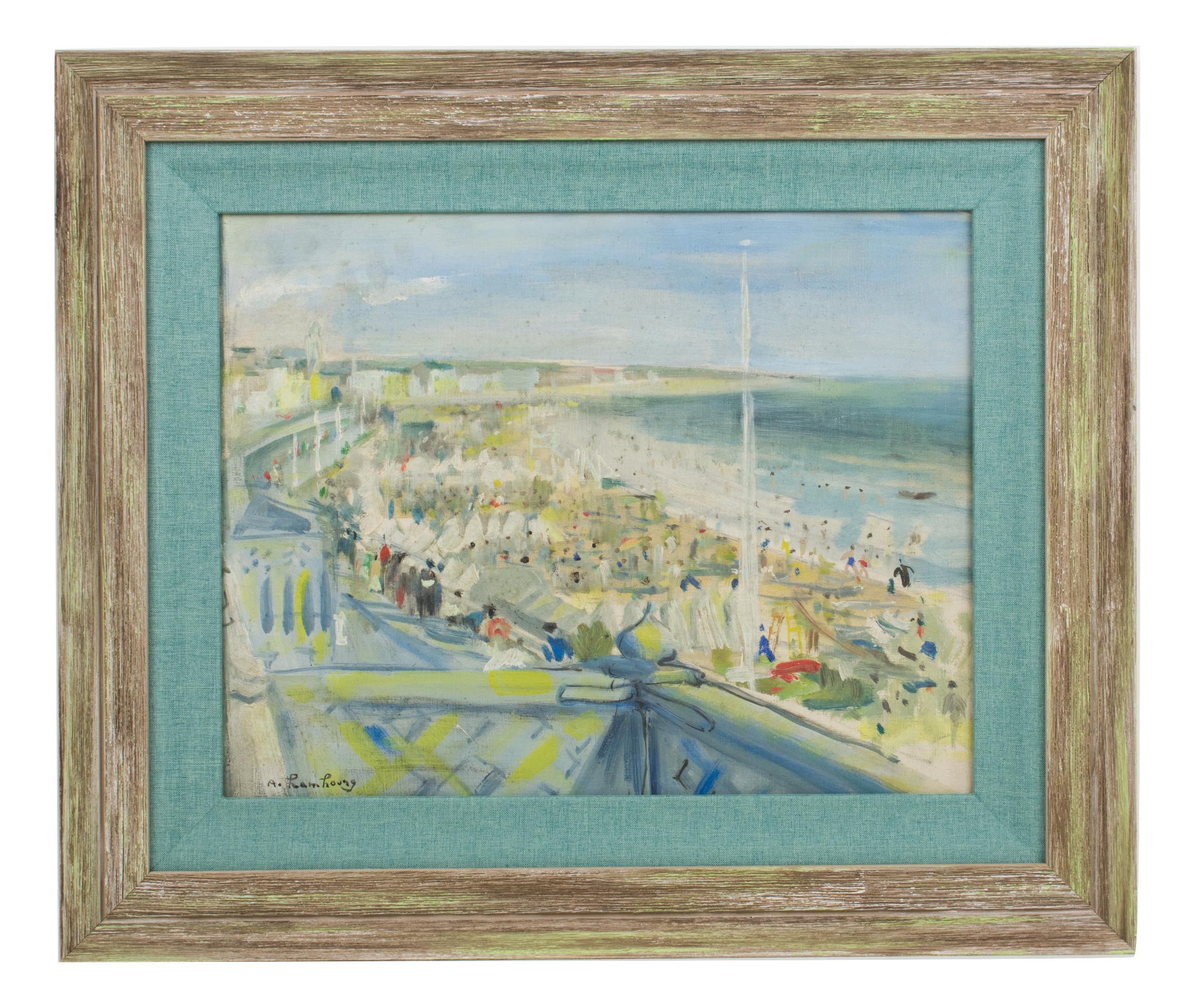 This elegant oil on mounted canvas is by André Hambourg (France, 1909-1999) and features a seaside composition. The artwork is signed in the bottom left corner. The landscape is a lovely pastel color composition, by the beach, on the French Atlantic