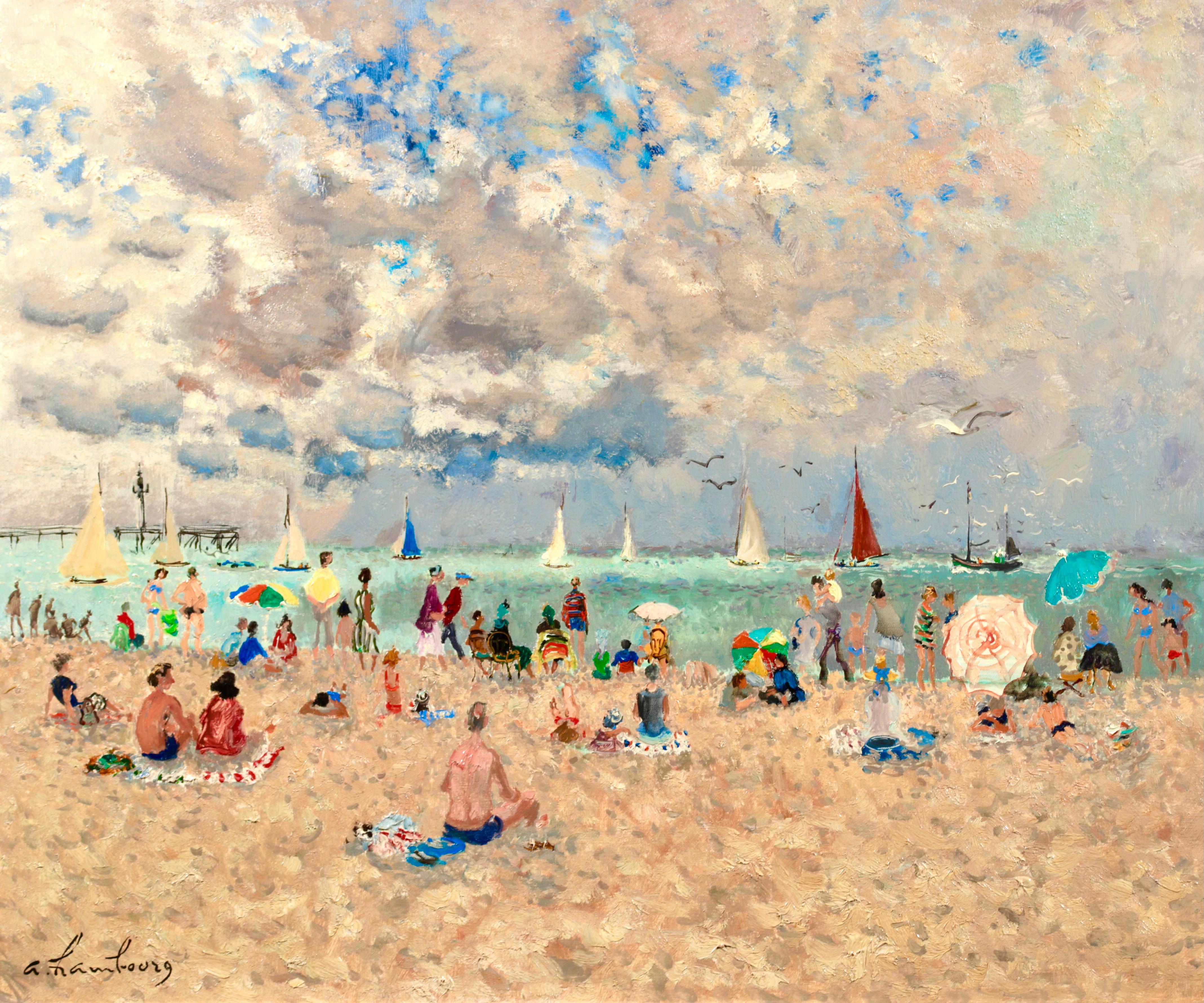 Signed figures in a seascape oil on canvas circa 1950 by French modernist painter Andre Hambourg. This beautiful piece depicts families enjoying a day out at the seaside - bathers rest on the golden sand of the beach in Deauville, France, while the