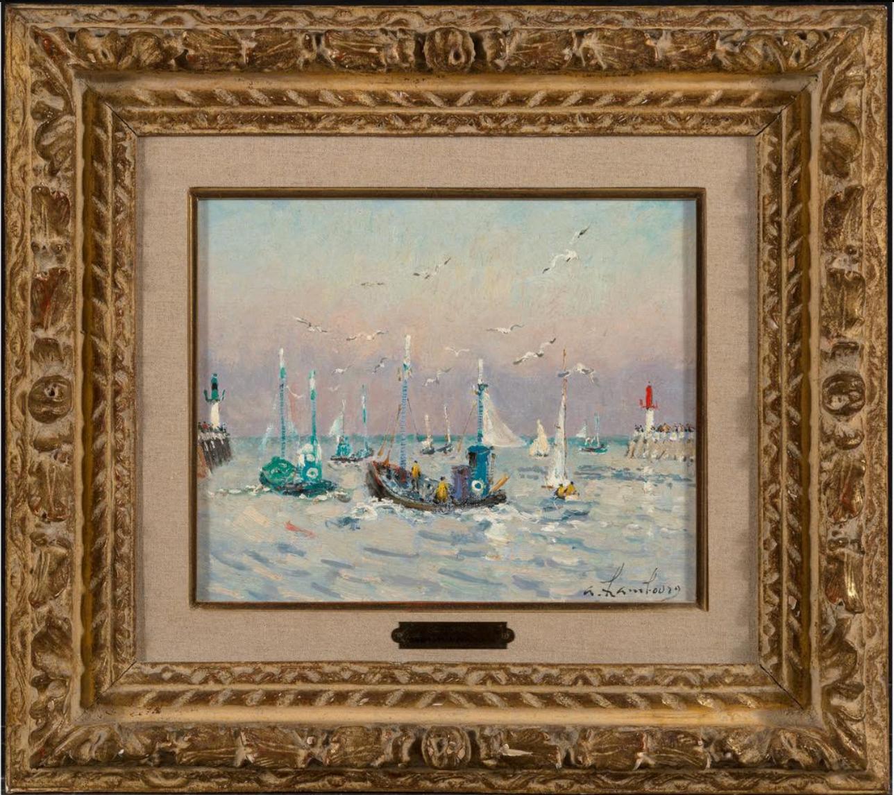 LES MOUETTES SUR LES BARQUES, olio/tela francese del XX secolo Gabbiani luminosi sulla spiaggia - Painting Postimpressionismo di Andre Hambourg