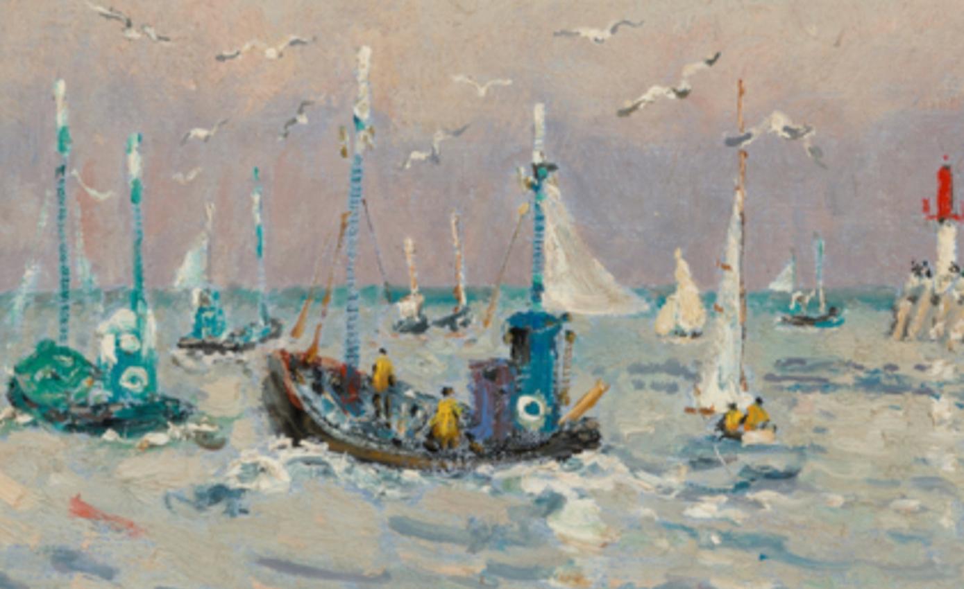 LES MOUETTES SUR LES BARQUES, olio/tela francese del XX secolo Gabbiani luminosi sulla spiaggia 1