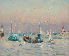 LES MOUETTES SUR LES BARQUES, olio/tela francese del XX secolo Gabbiani luminosi sulla spiaggia