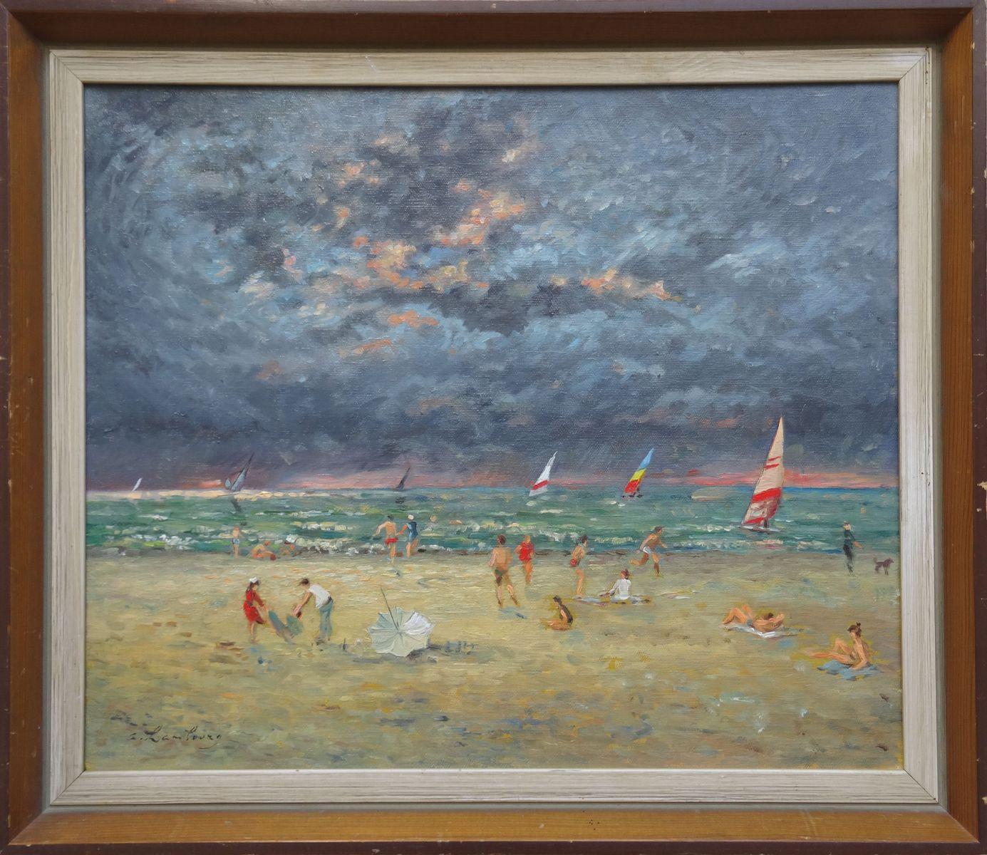 Nice time on Trouville beach. 1980. Canvas, oil, 44.5x52 cm - Painting by Andre Hambourg