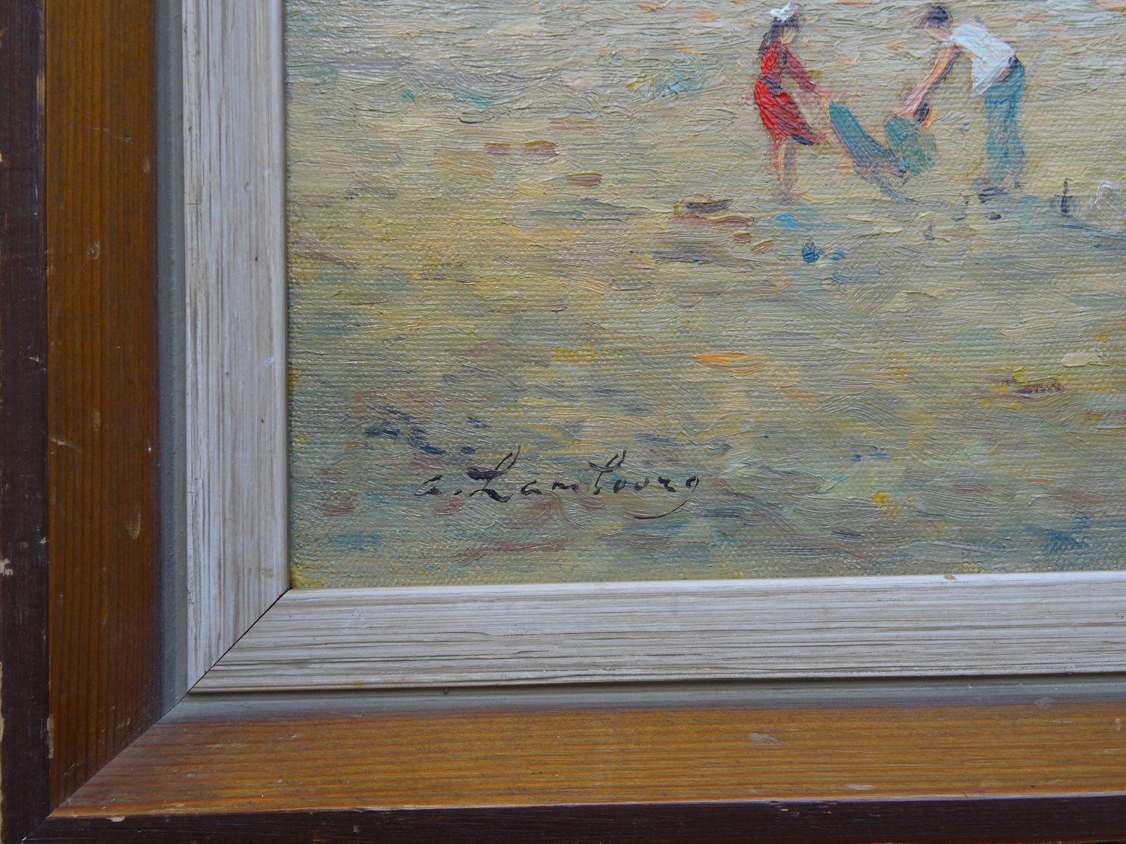 Nice time on Trouville beach. 1980. Canvas, oil, 44.5x52 cm - Impressionist Painting by Andre Hambourg