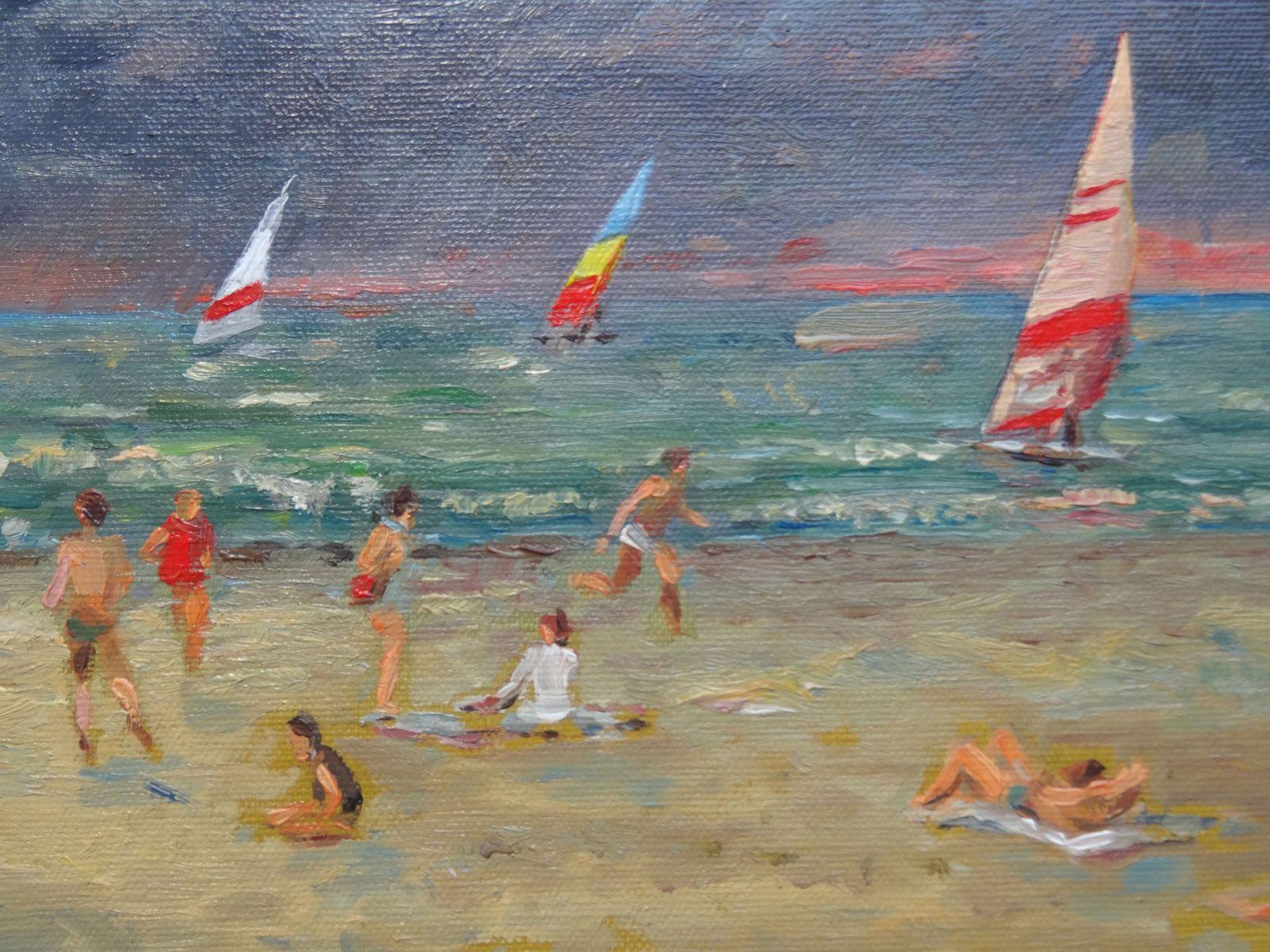 Nice time on Trouville beach. 1980. Canvas, oil, 44.5x52 cm - Gray Landscape Painting by Andre Hambourg
