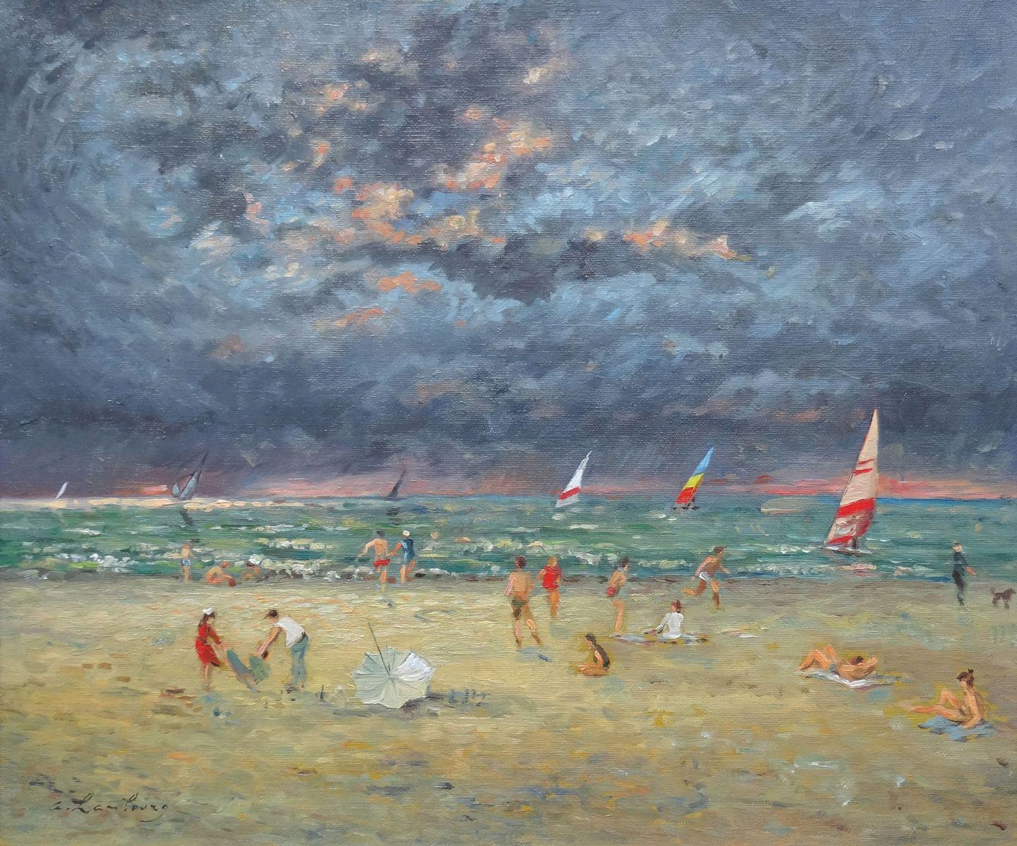 Andre Hambourg Landscape Painting - Nice time on Trouville beach. 1980. Canvas, oil, 44.5x52 cm