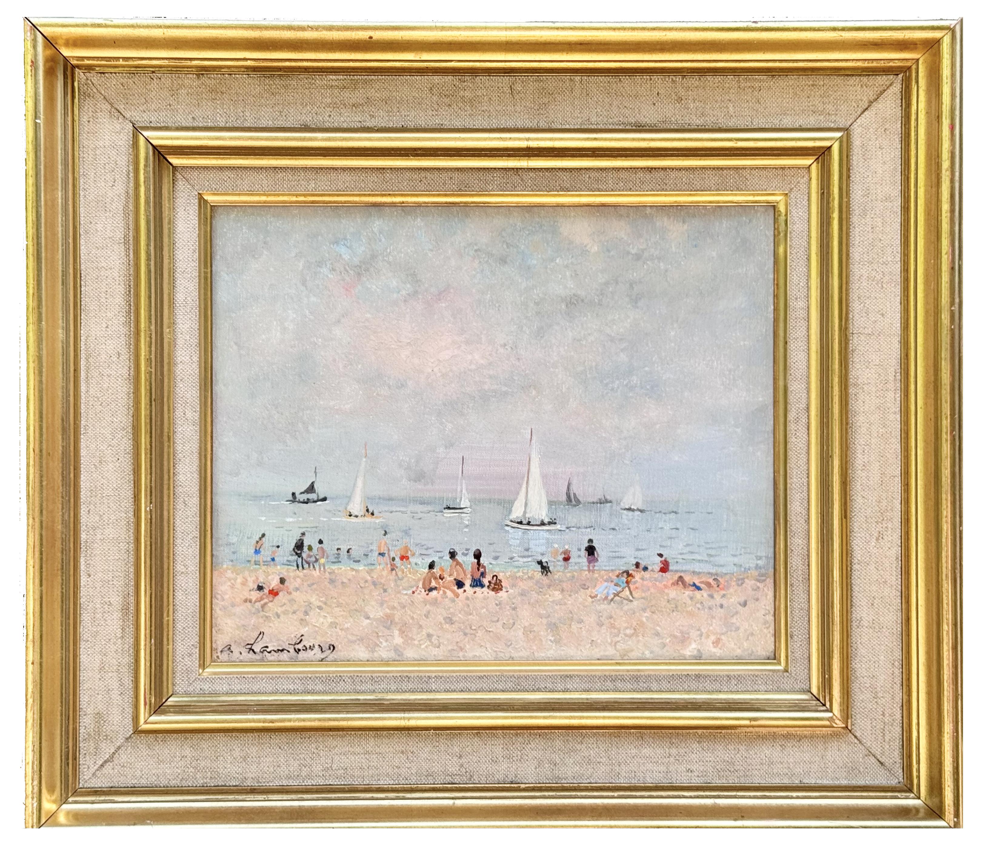 Une célébration lumineuse des loisirs d'été. La Scène de Plage par Beau Temps de Hambourg capture la douce agitation d'une plage ensoleillée, où des personnages se détendent sur le sable doux et où des voiliers dérivent sereinement sur la mer