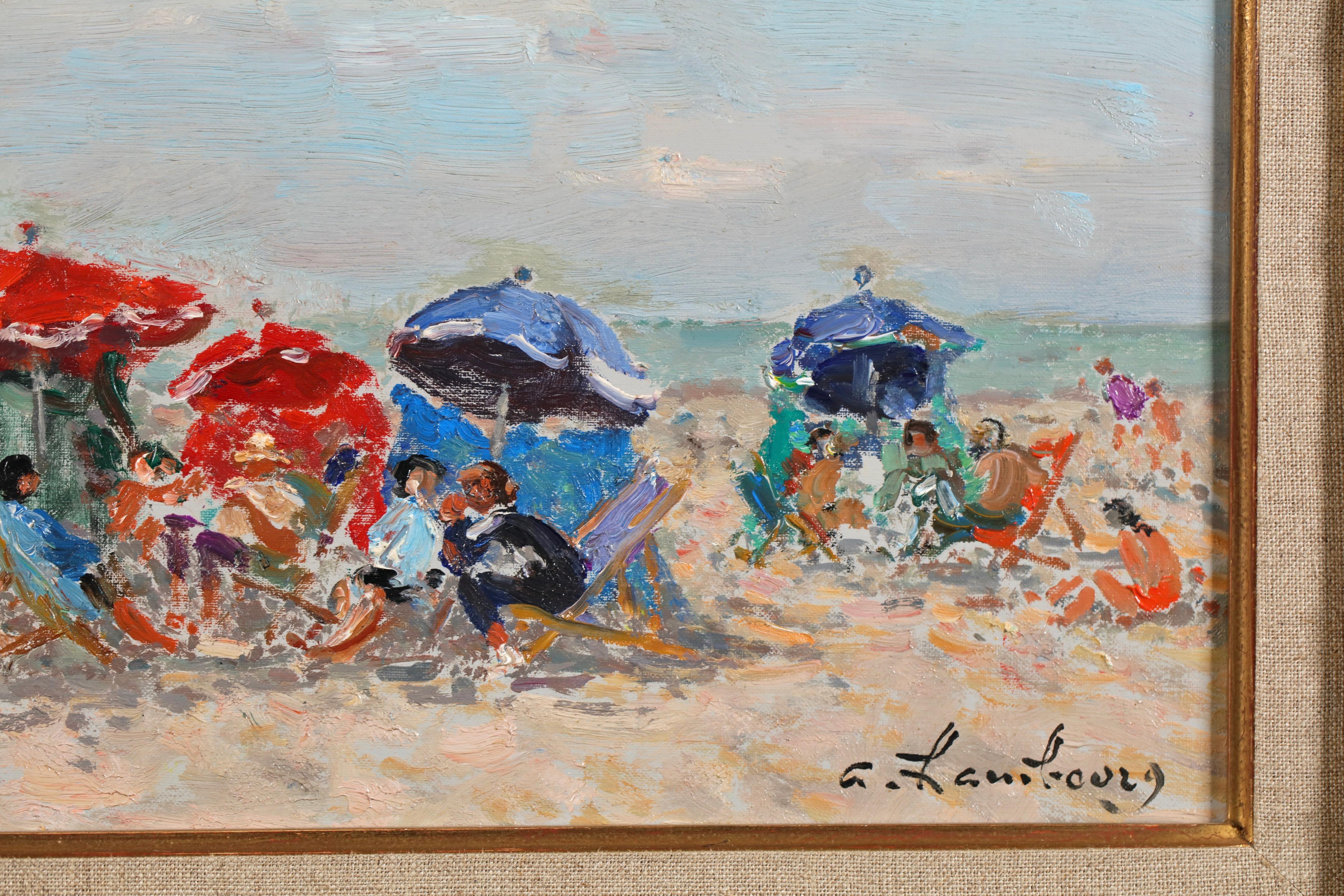 Soleil en Aout a Deauville - Paisaje moderno Pintura al óleo de André Hambourg - Figurative Painting Marrón de Andre Hambourg