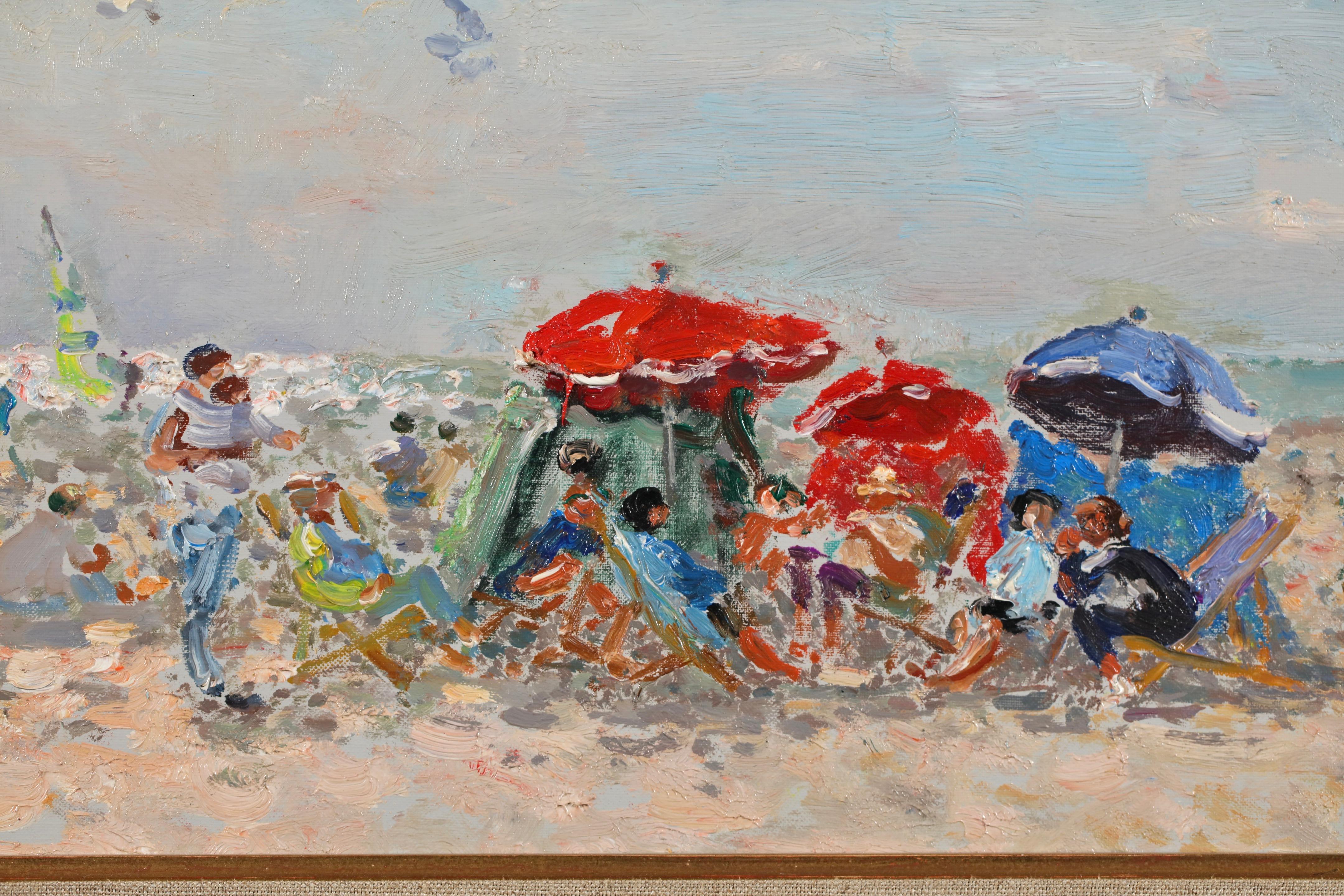 Paisaje al óleo sobre lienzo firmado hacia 1980 por el pintor modernista francés Andre Hambourg. Esta hermosa pieza representa a familias disfrutando de un día en la playa en pleno verano. Los bañistas descansan bajo sombrillas rojas y azules en la