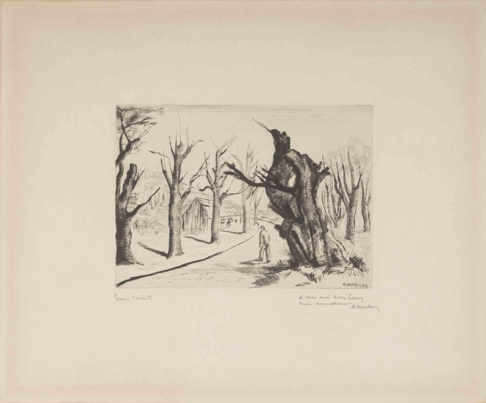 Andre Hambourg Landscape Print - Landscape in Winter - Etching by André Hambourg - 1950s