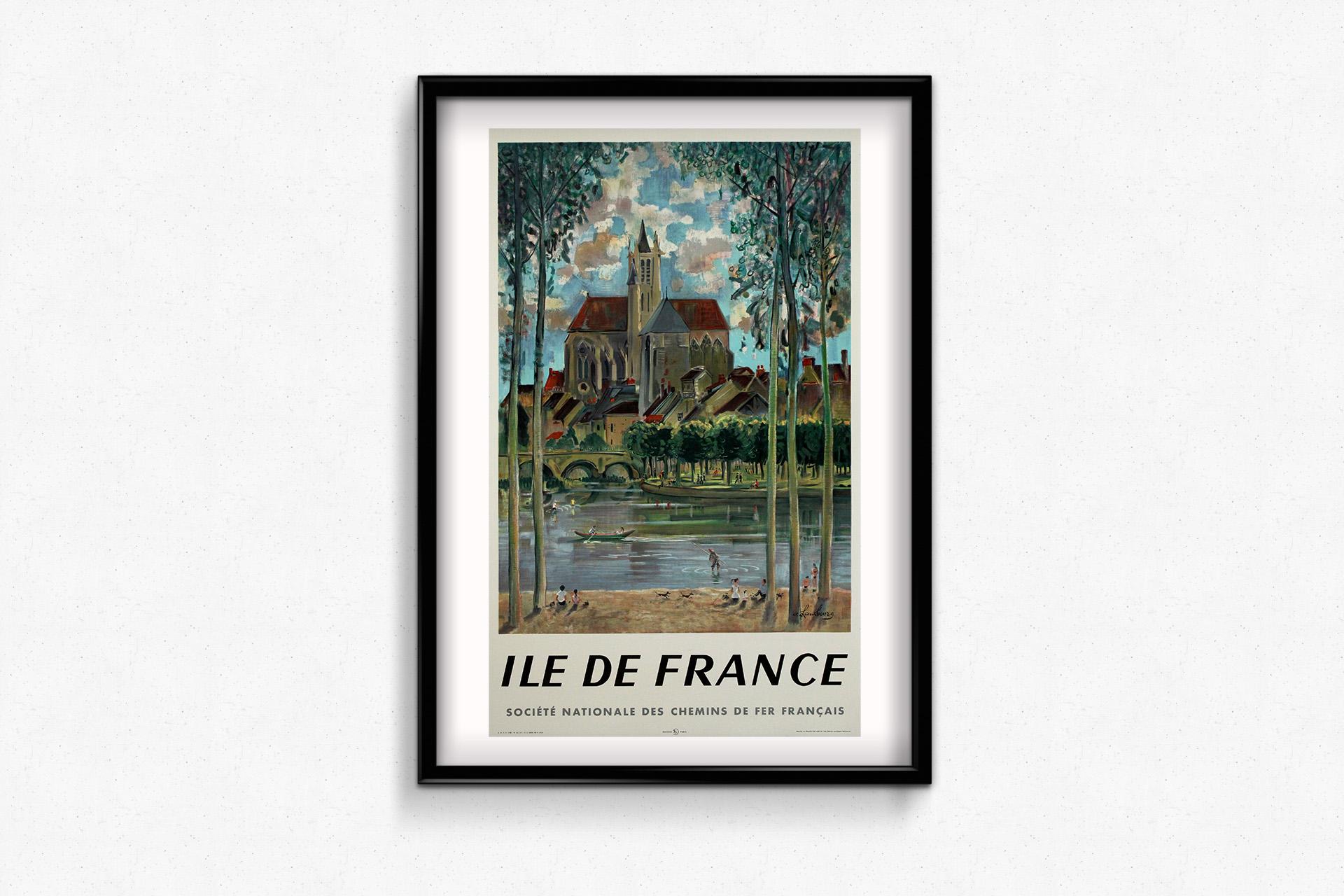 This original 1958 lithographic poster, designed by French painter André Hambourg, was created for the SNCF (Société Nationale des Chemins de fer Français) to promote travel and tourism to the historic region of Île-de-France, the cultural heart of