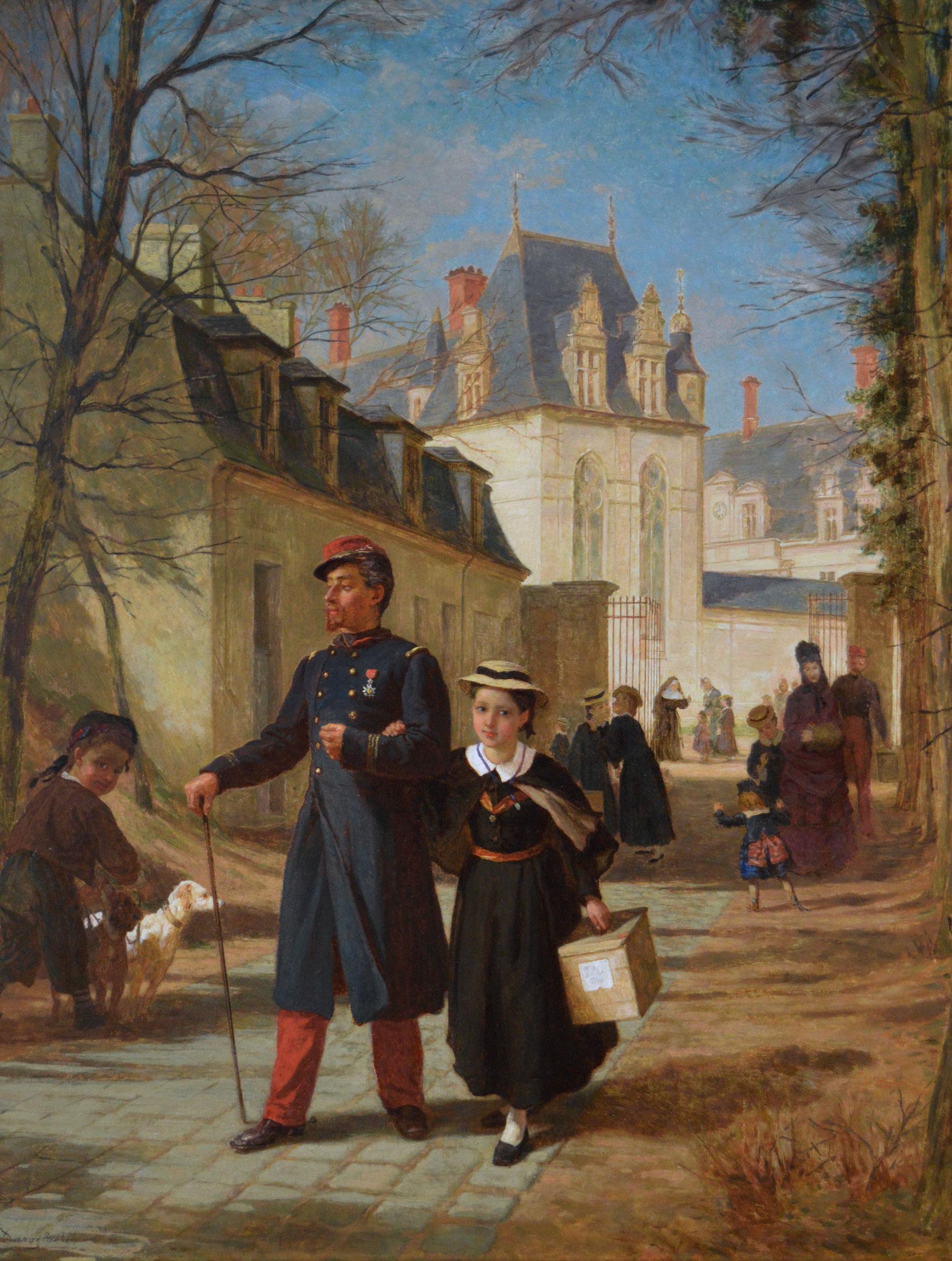 19th Century genre oil painting of a soldier collecting his daughter from school - Painting by Andre-Henri Dargelas