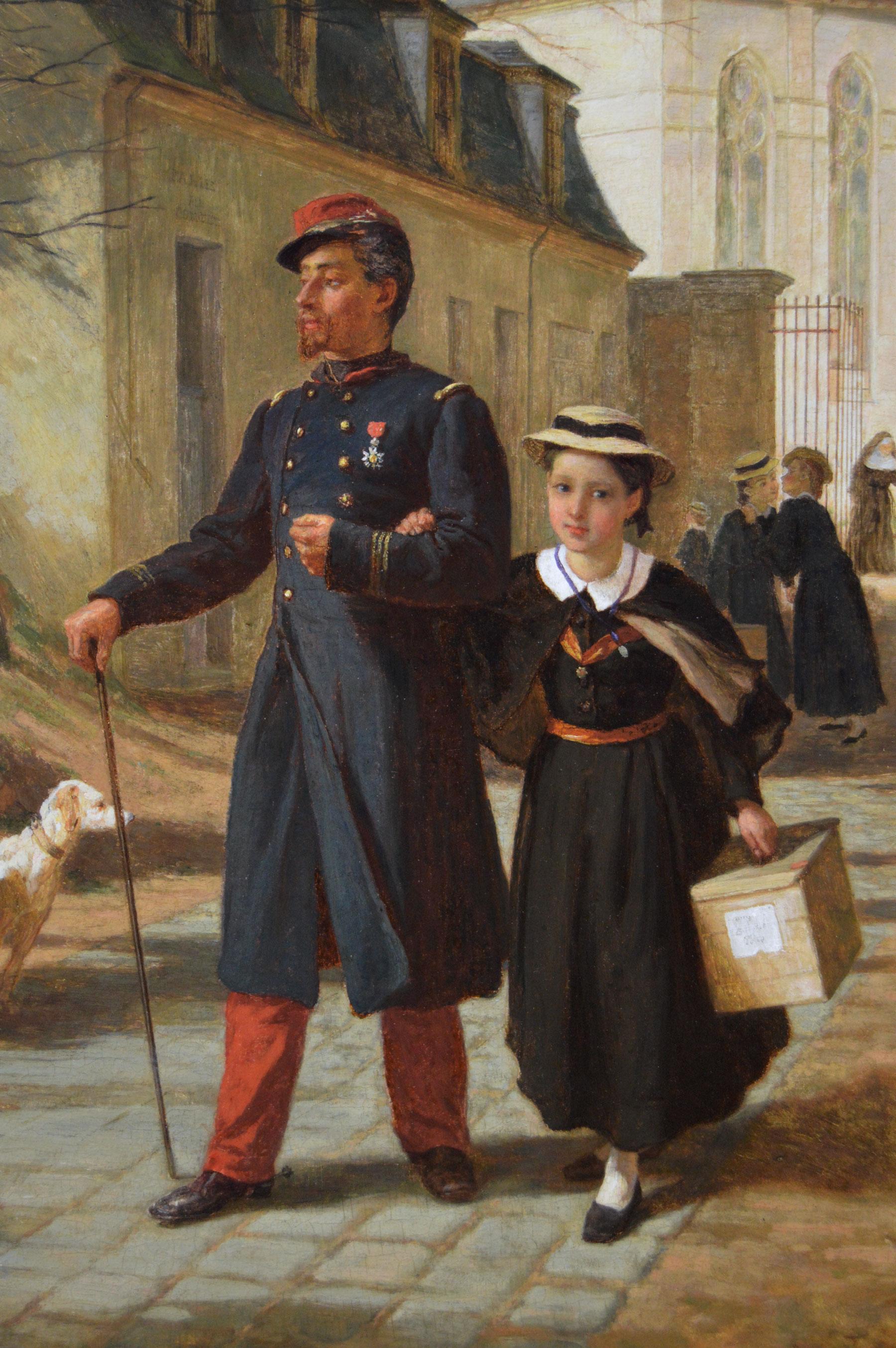 19th Century genre oil painting of a soldier collecting his daughter from school - Victorian Painting by Andre-Henri Dargelas