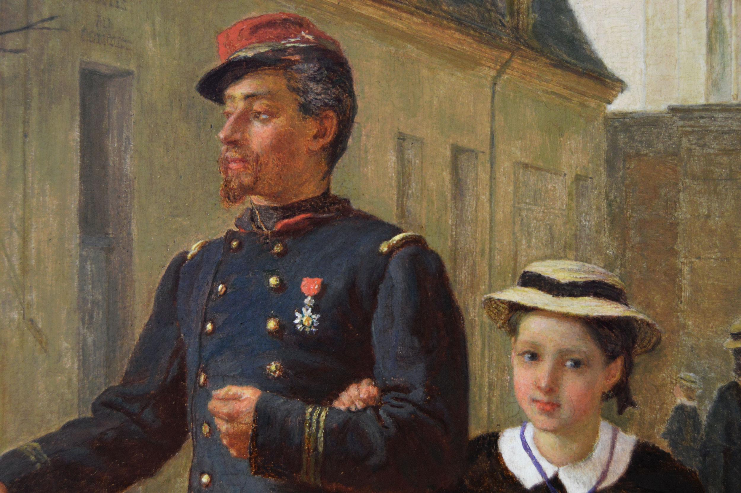 19th Century genre oil painting of a soldier collecting his daughter from school For Sale 1