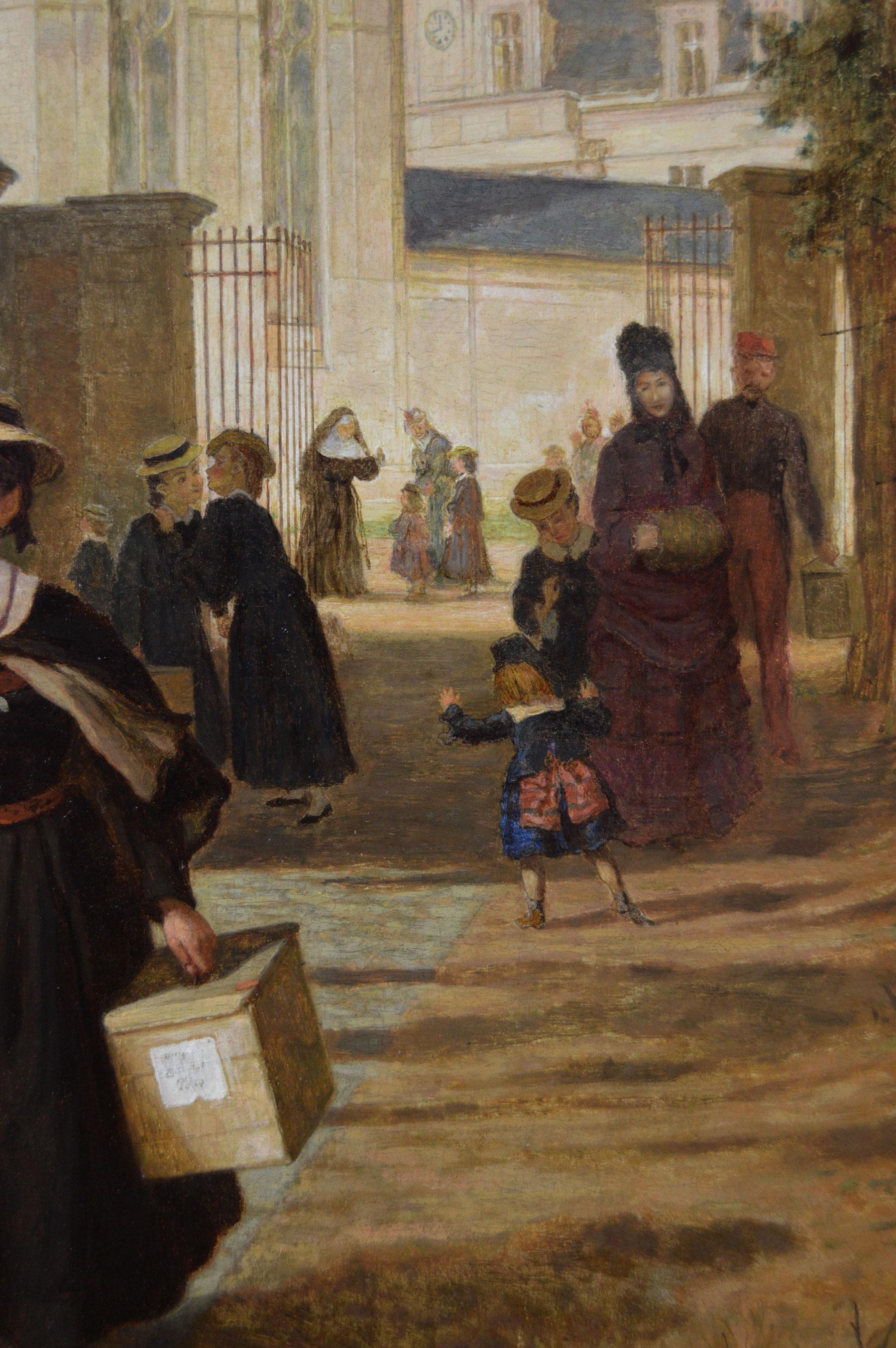 19th Century genre oil painting of a soldier collecting his daughter from school For Sale 2