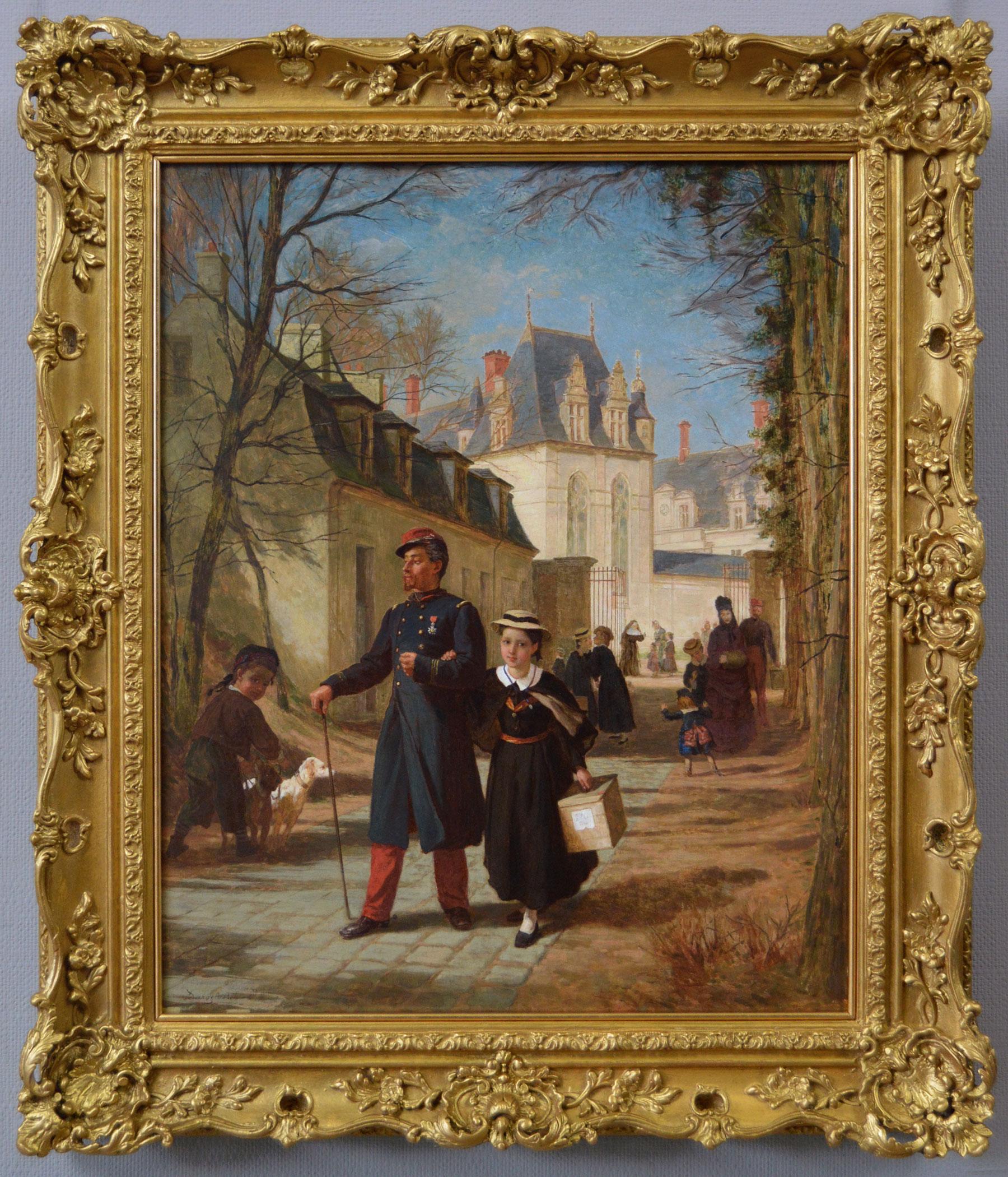 19th Century genre oil painting of a soldier collecting his daughter from school