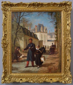Antique 19th Century genre oil painting of a soldier collecting his daughter from school