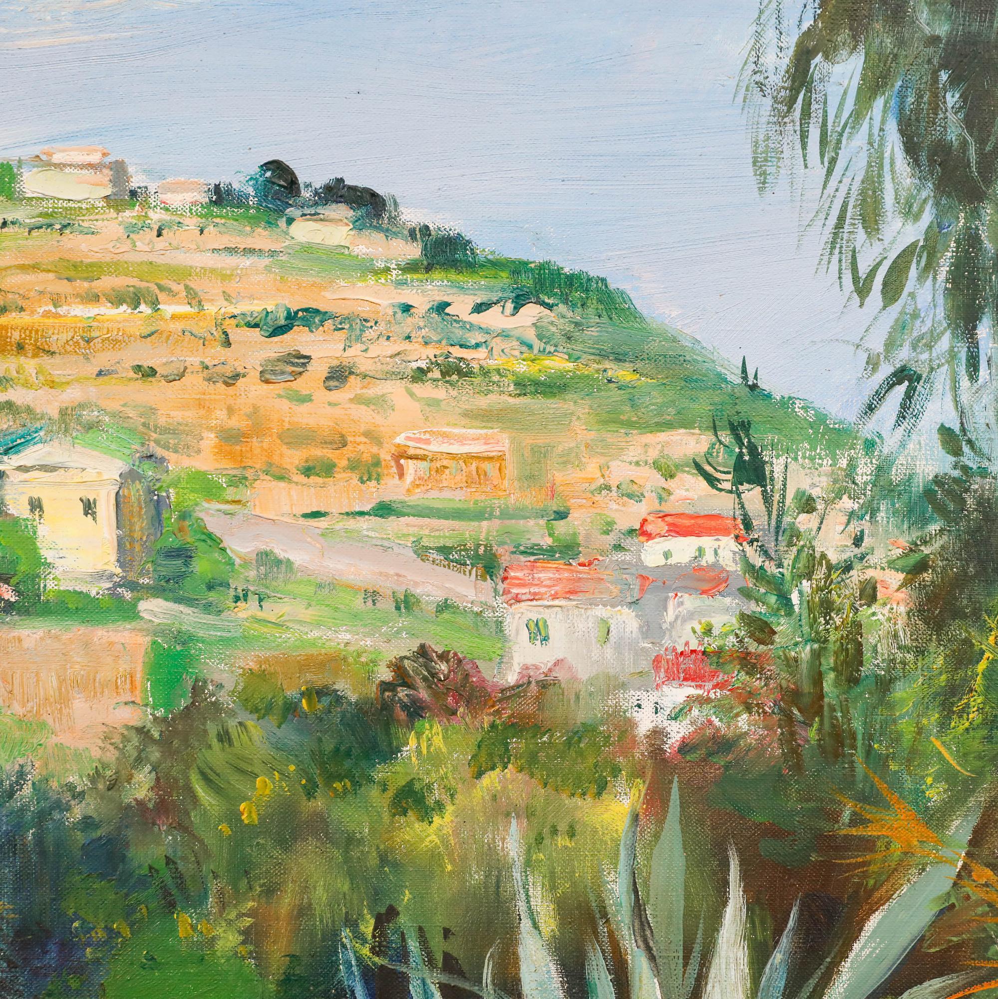 Eine lebendige Sommerlandschaft, die der Künstler Andre Hofer (1890-1973) mit lockeren, impressionistischen Pinselstrichen gemalt hat. Im Vordergrund steht eine Agavenpflanze, während die Hügel dahinter von kleinen Häusern bevölkert werden. Signiert