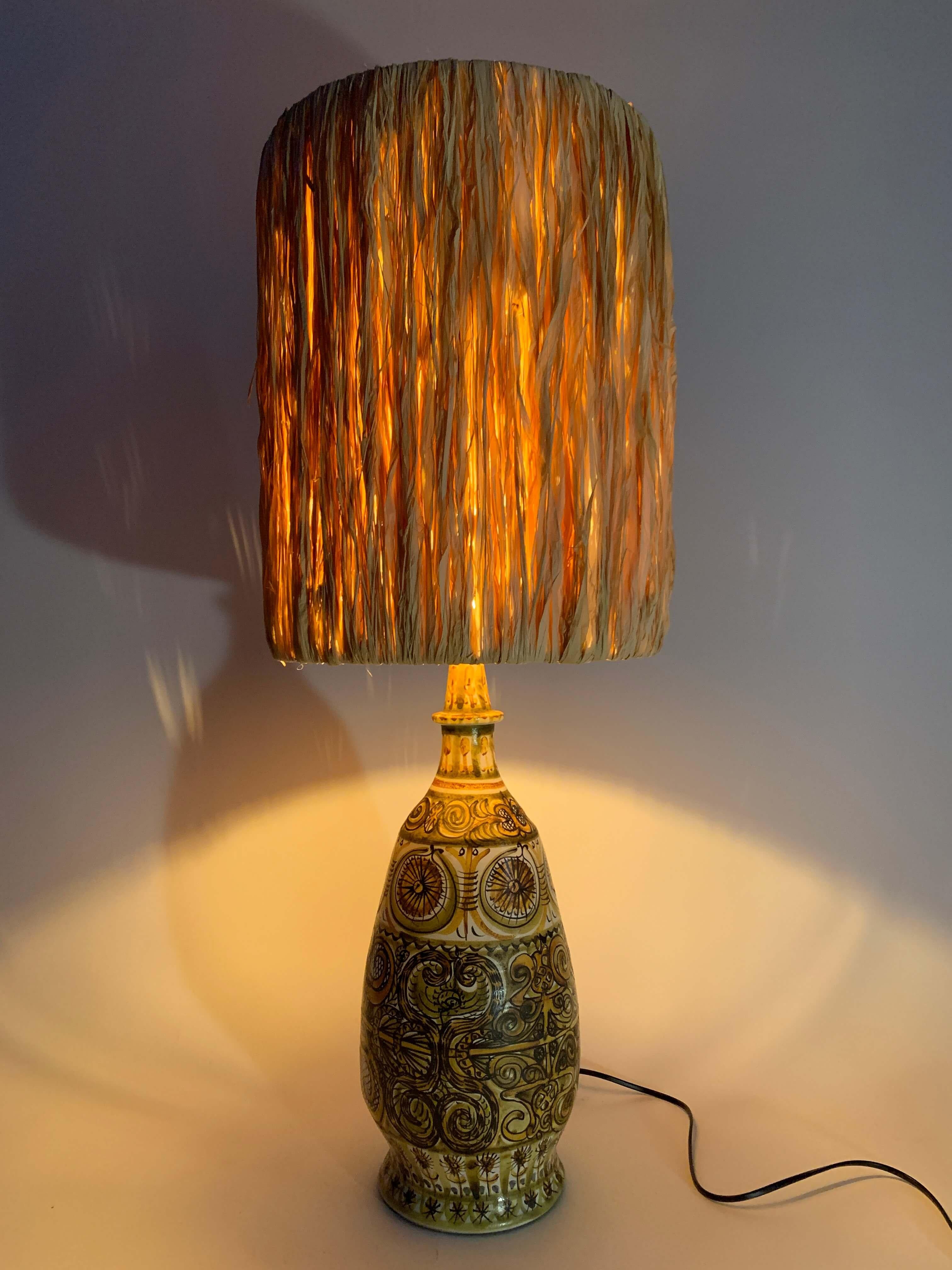 The majestic enameled sandstone lamp by painter André HORELLOU demonstrates his skill, with subtle palettes and a distinctive decor that is all his own.
Unique piece and one of the largest existing table lamp by the artist.

Re-electrified and