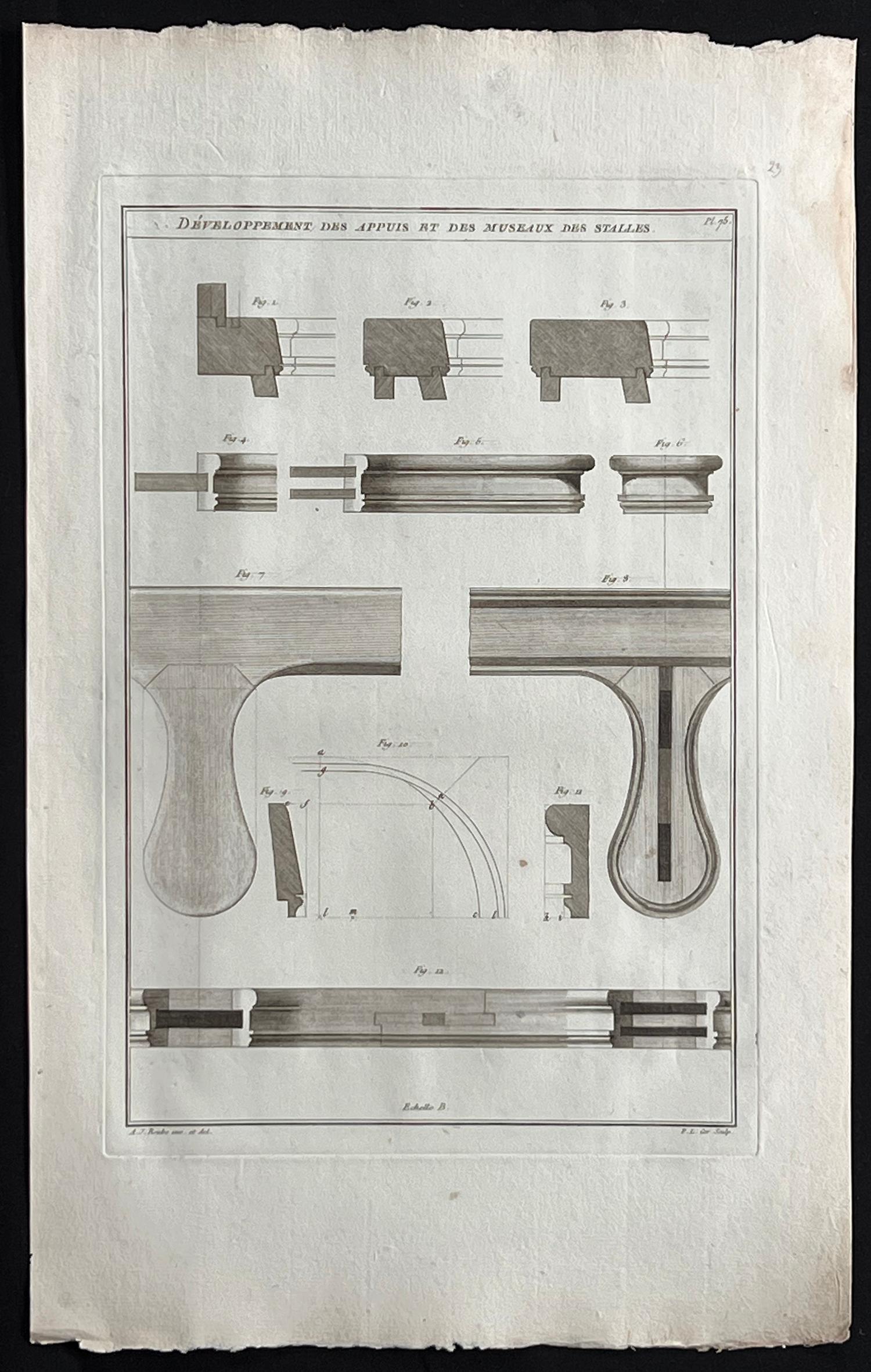 Developments des Appuis, Roubo Französisches Tischlerdesign-Stickerei-Gravur – Print von Andre Jacob Roubo