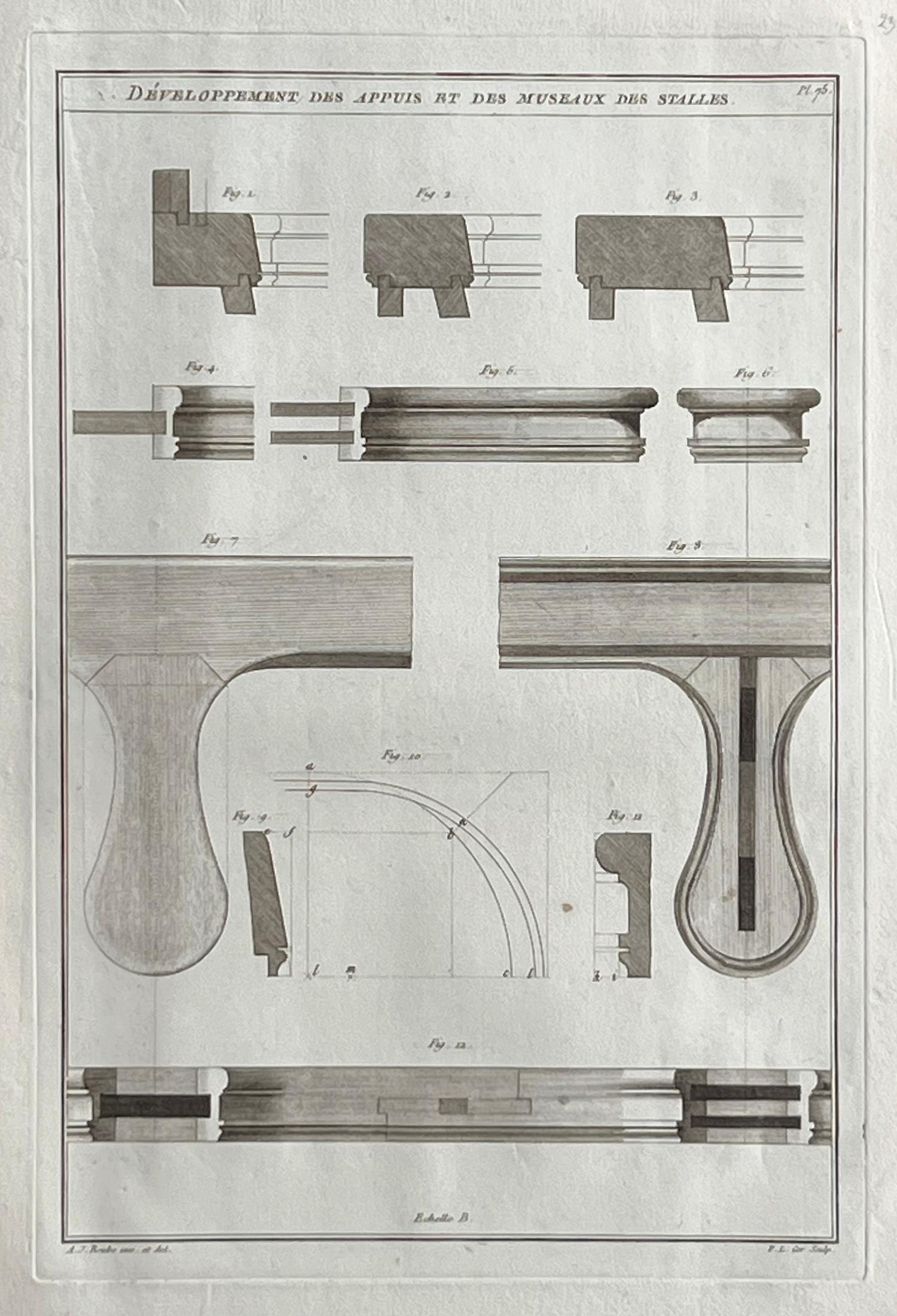 Andre Jacob Roubo Interior Print – Developments des Appuis, Roubo Französisches Tischlerdesign-Stickerei-Gravur