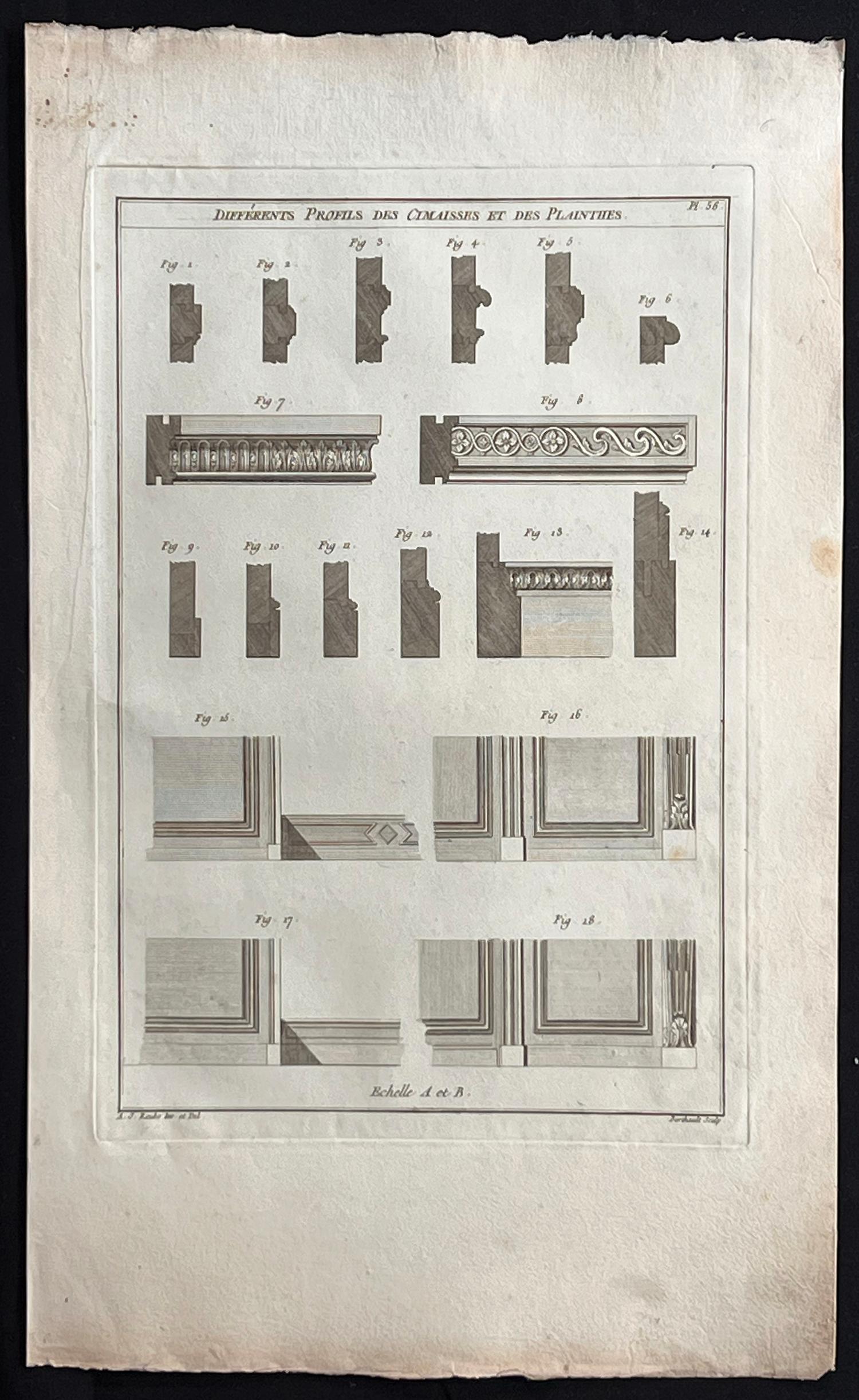 Les différents profils des cimaisses, Roubo, gravure de conception d'ébénisterie française - Print de Andre Jacob Roubo