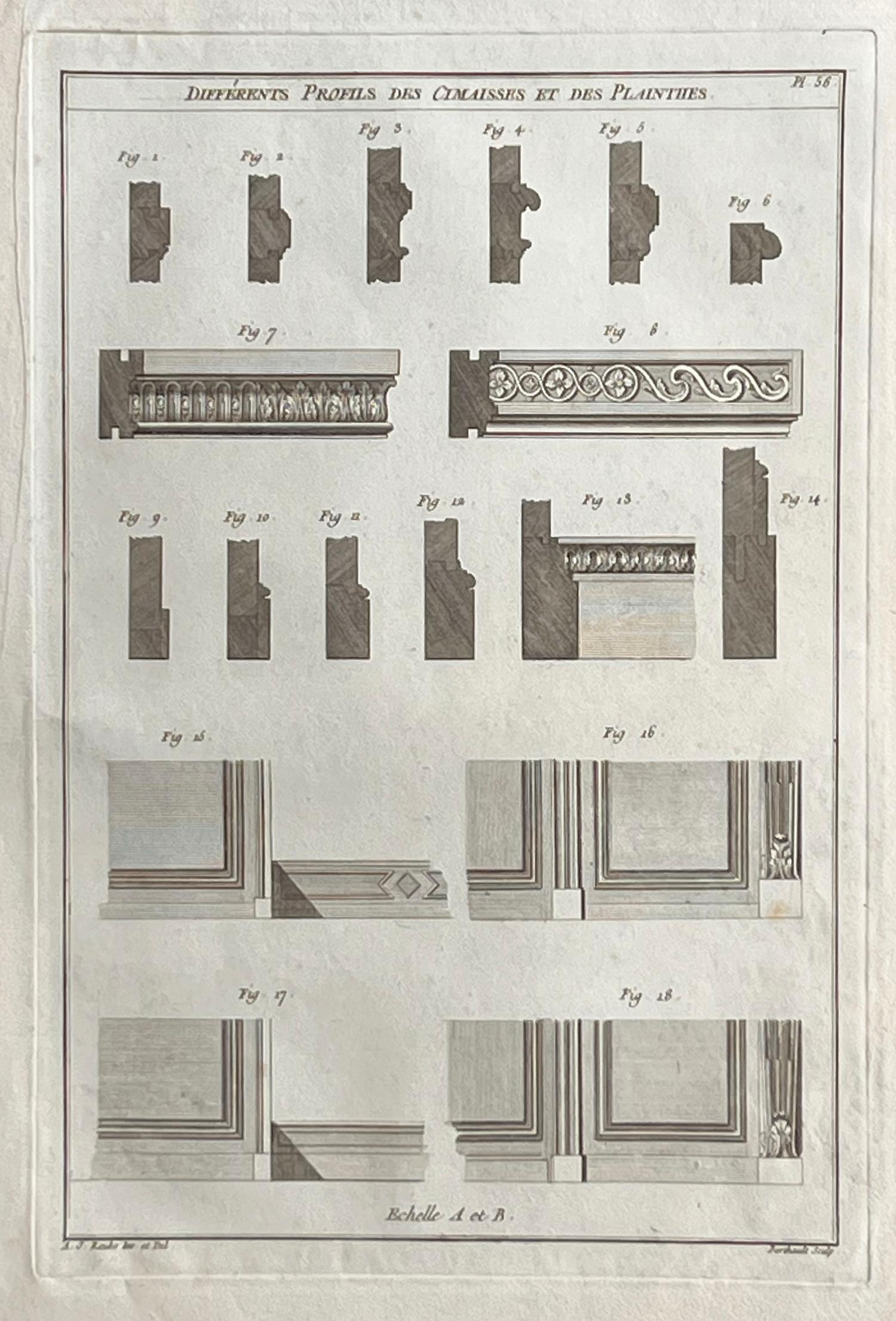 Interior Print Andre Jacob Roubo - Les différents profils des cimaisses, Roubo, gravure de conception d'ébénisterie française