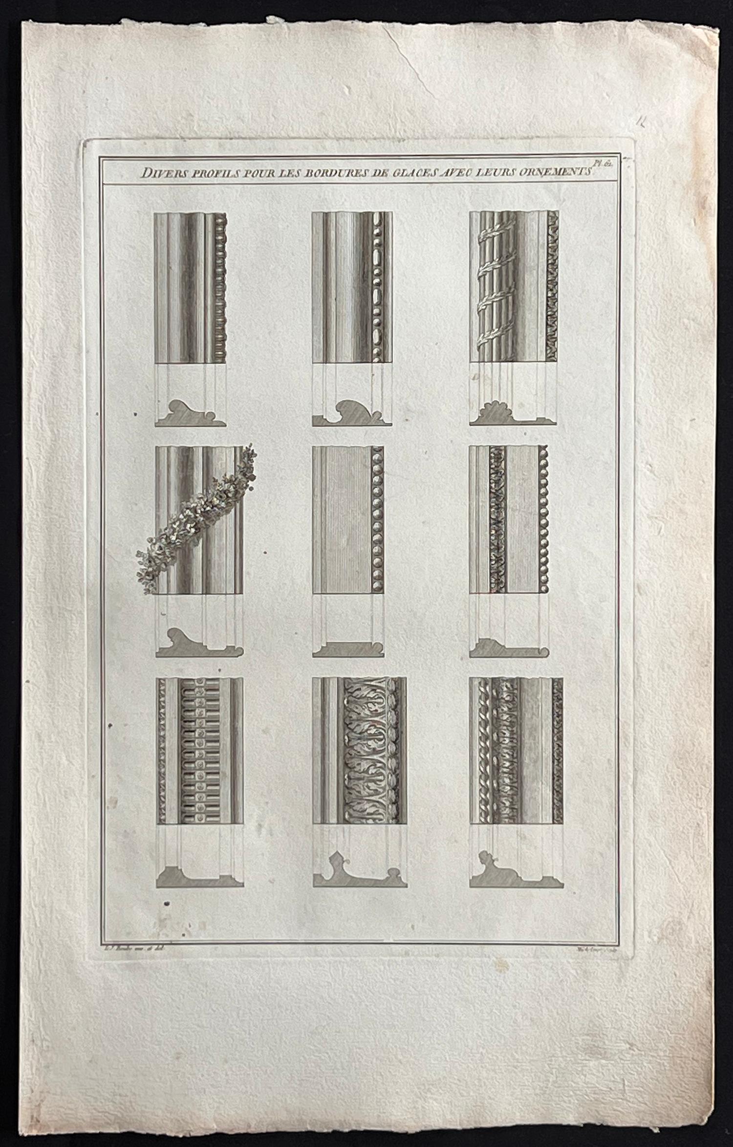 Different Profils Pour Les Bordures, Roubo Grabado de diseño de ebanistería francesa - Print de Andre Jacob Roubo