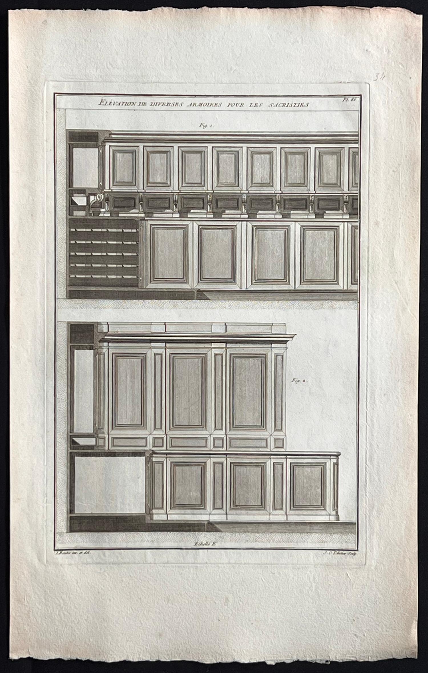 Elevations de Diverses Armoires, Roubo French cabinetmaking design engraving - Print by Andre Jacob Roubo