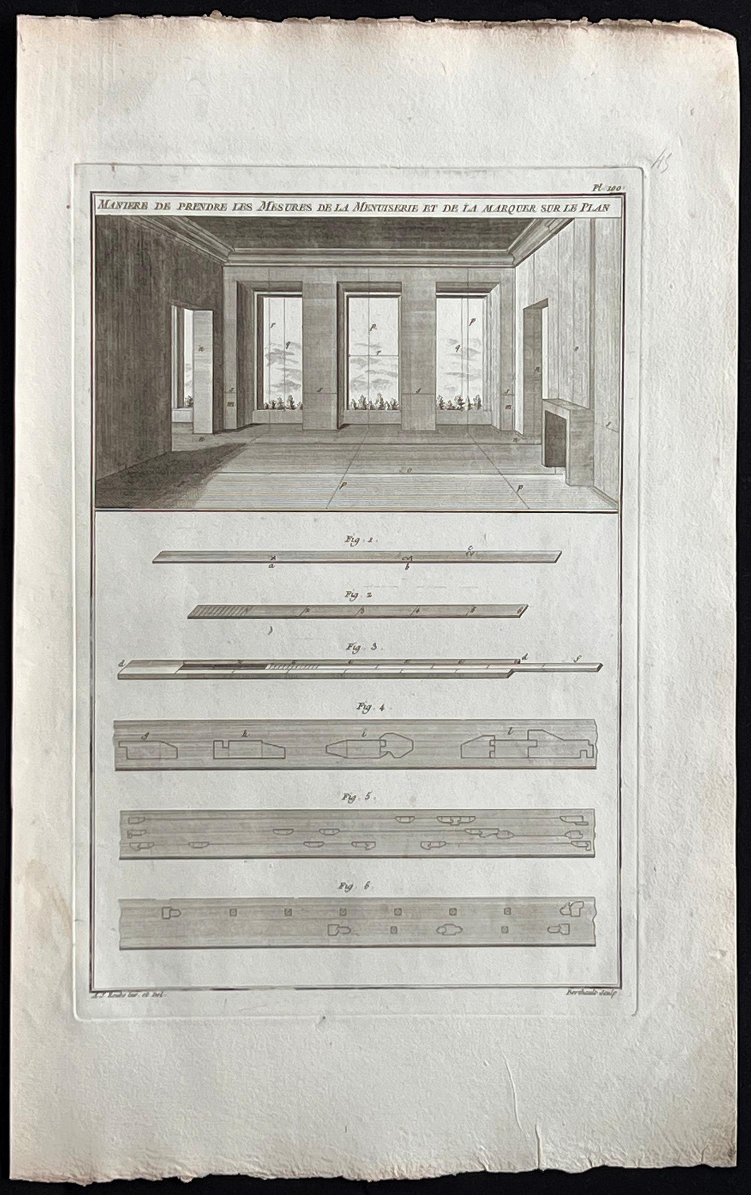 Manière de Prendre Les Mesures, gravure d'ébénisterie française Roubo - Print de Andre Jacob Roubo