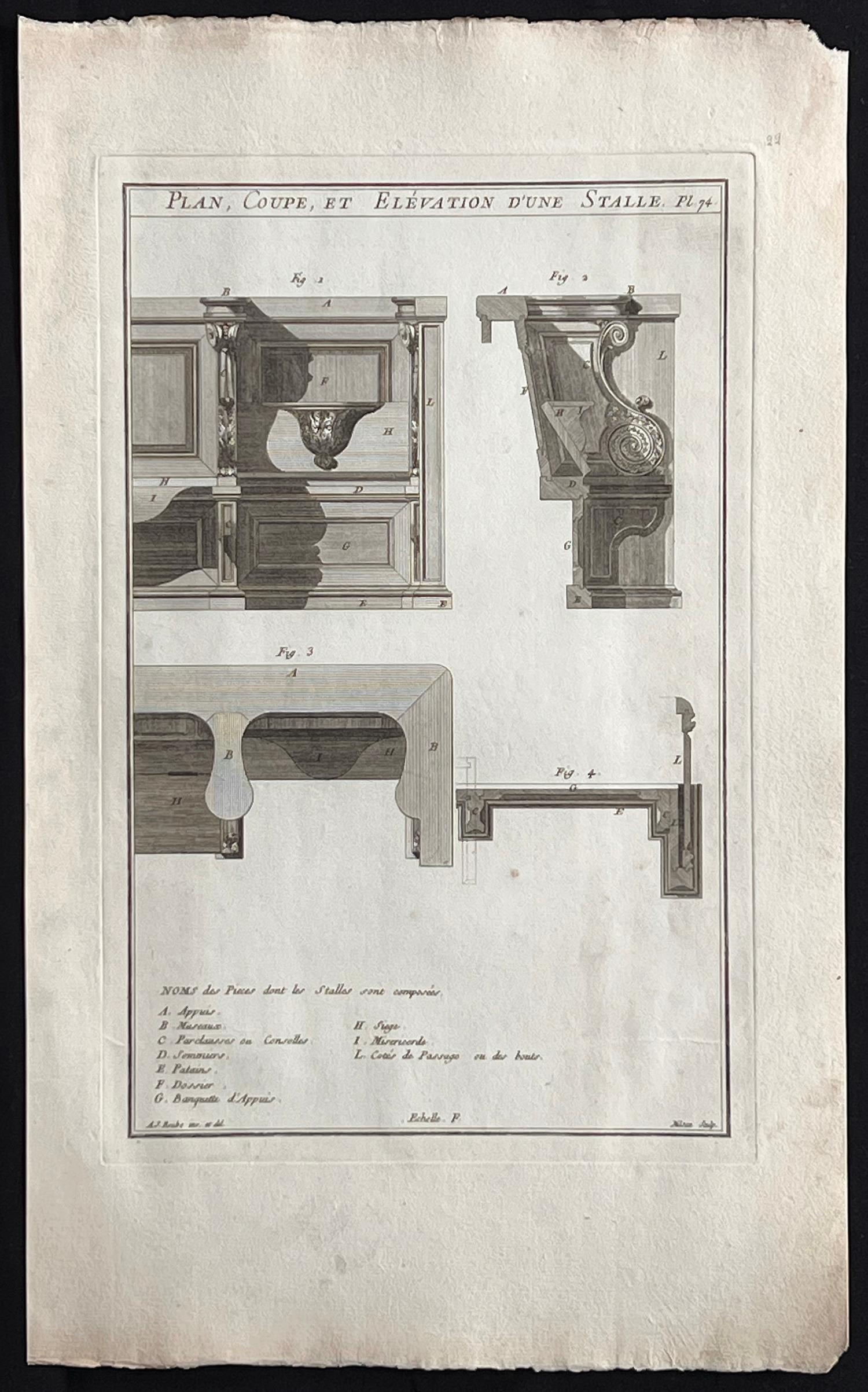 Plan, Coupe, et Elevation d'une Stalle, incisione di ebanisteria francese Roubo - Print di Andre Jacob Roubo