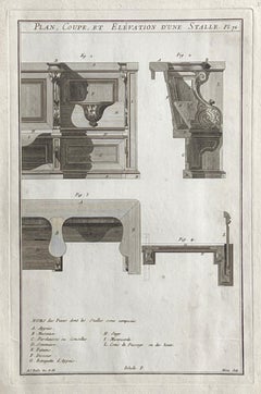 Plan, Coupe, et Elevation d'une Stalle, Roubo French cabinetmaking engraving
