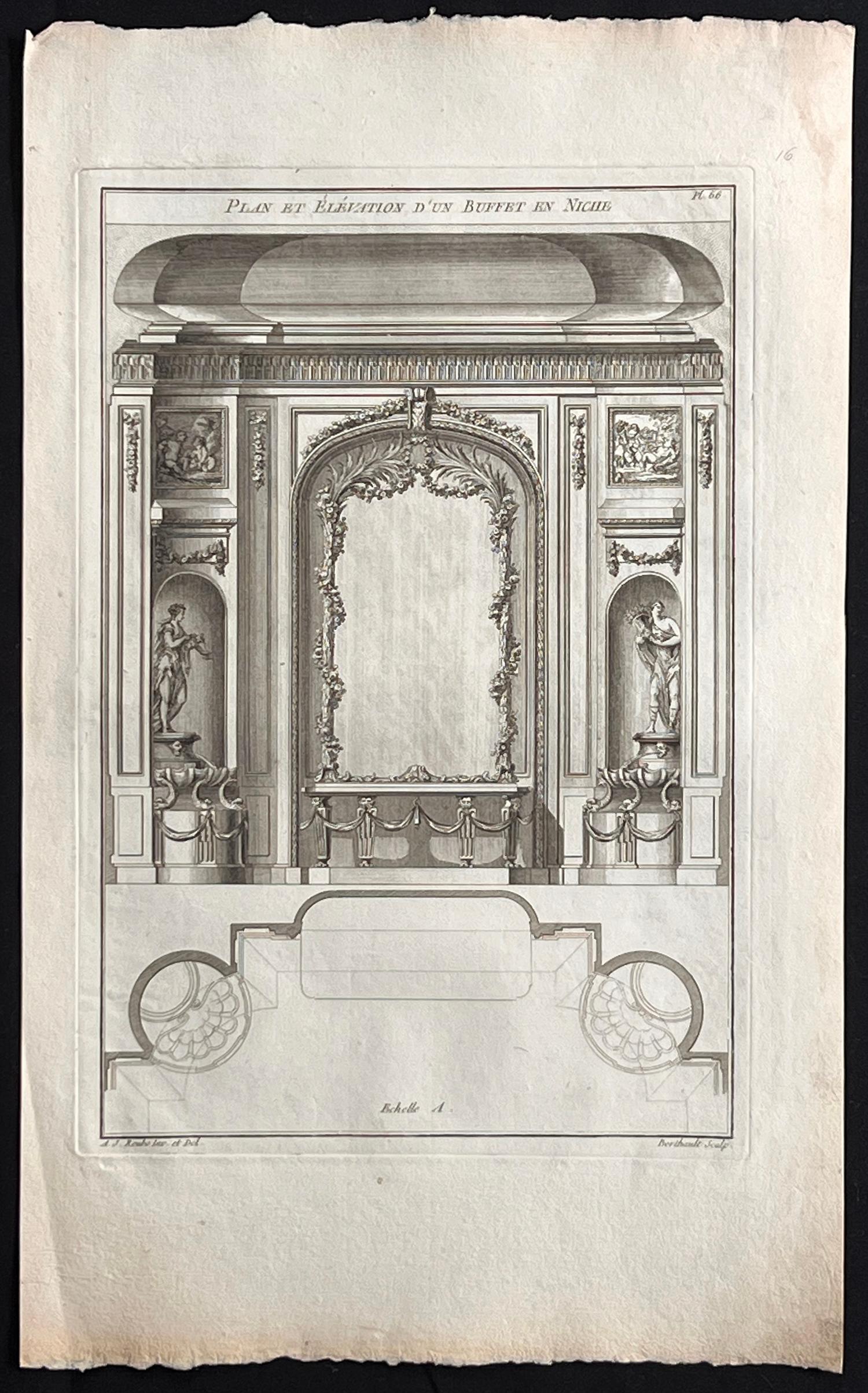 Plan et Elevation d'un Buffet en Niche, Roubo Französisches Design-Stickerei – Print von Andre Jacob Roubo