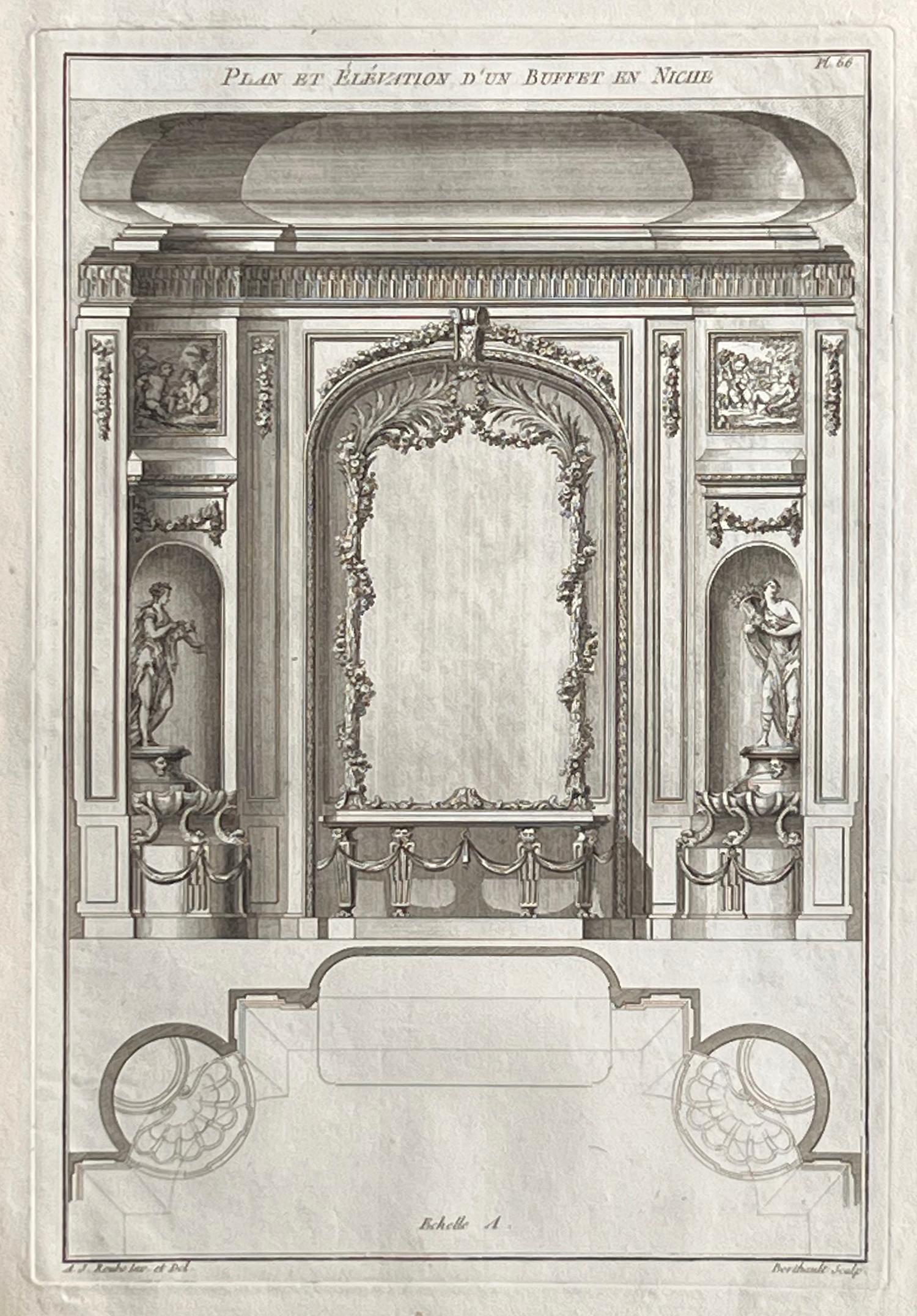 Plan et ascension d'un buffet en Niche, gravure au design français Roubo