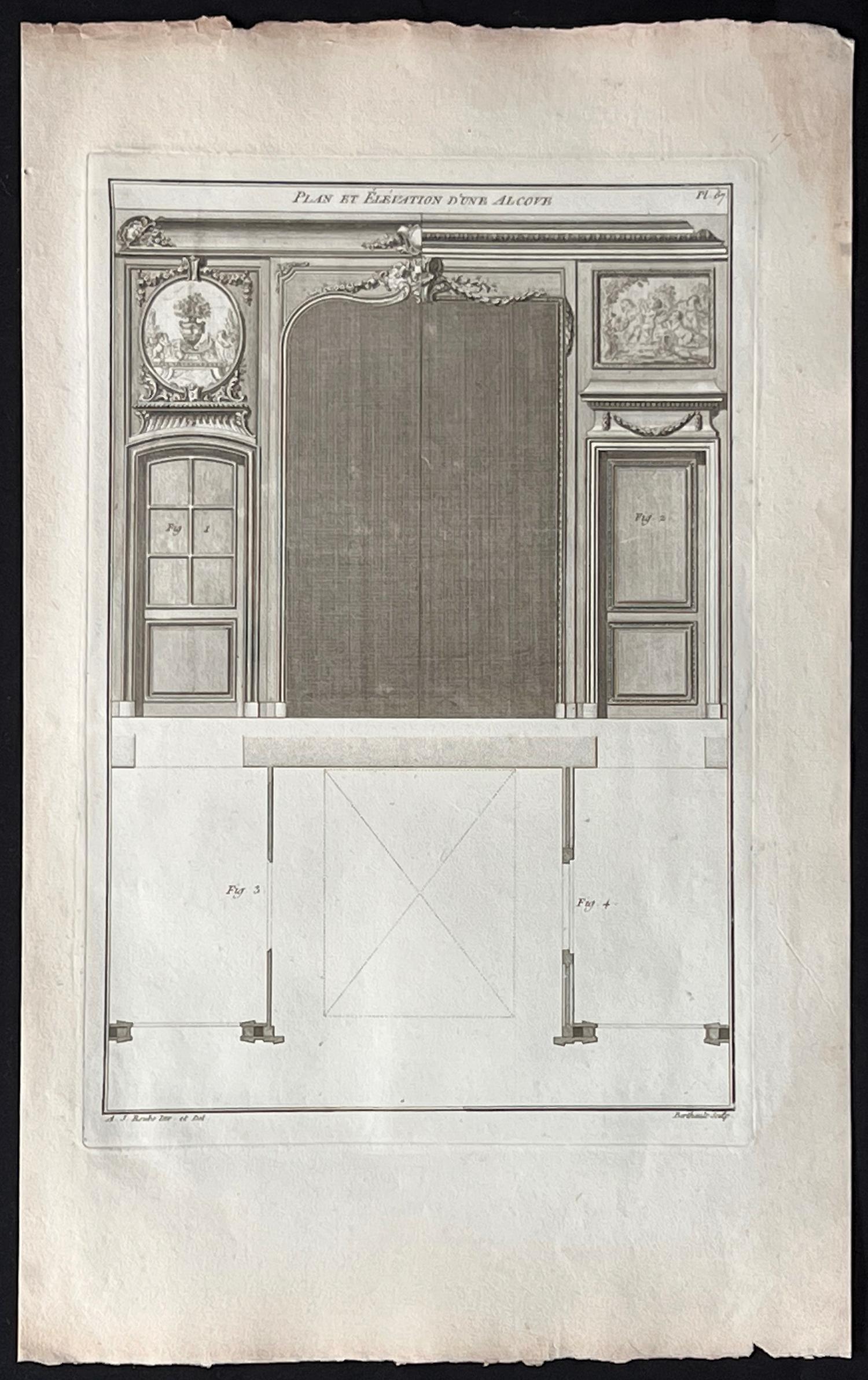 Plan et Elevation d'une Alcove, Roubo Französisches Design-Stickerei – Print von Andre Jacob Roubo
