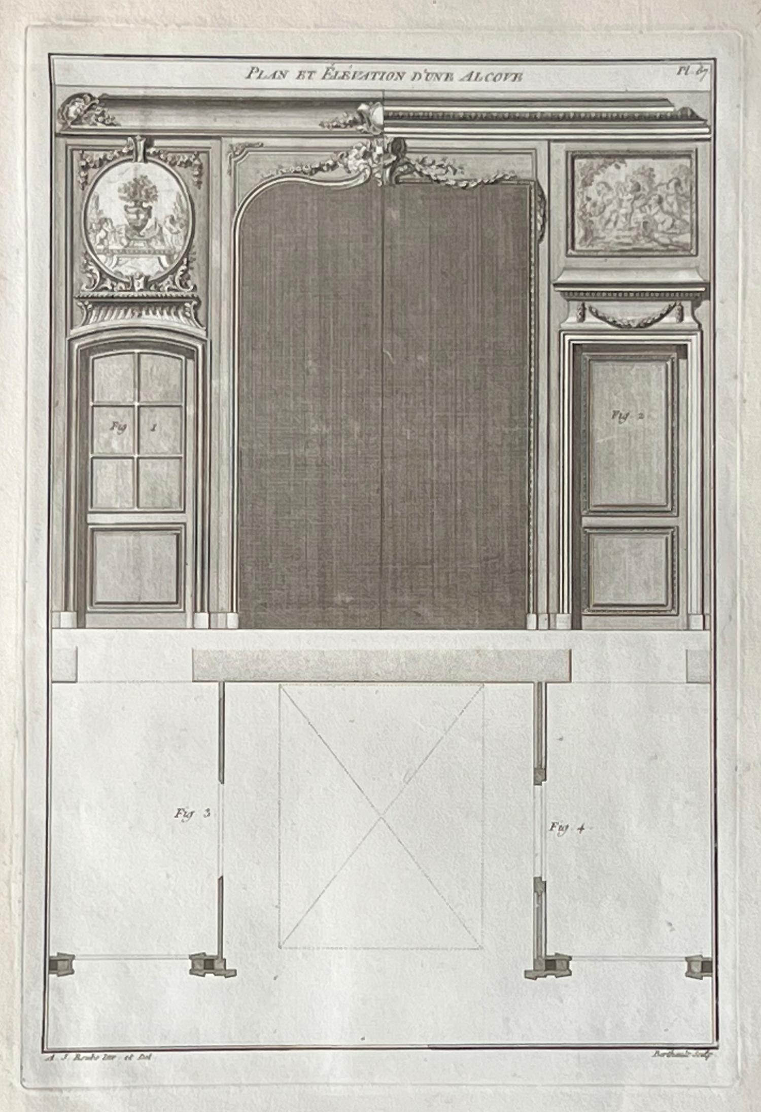 Plan et Elevation d'une Alcove, Roubo Grabado de diseño francés