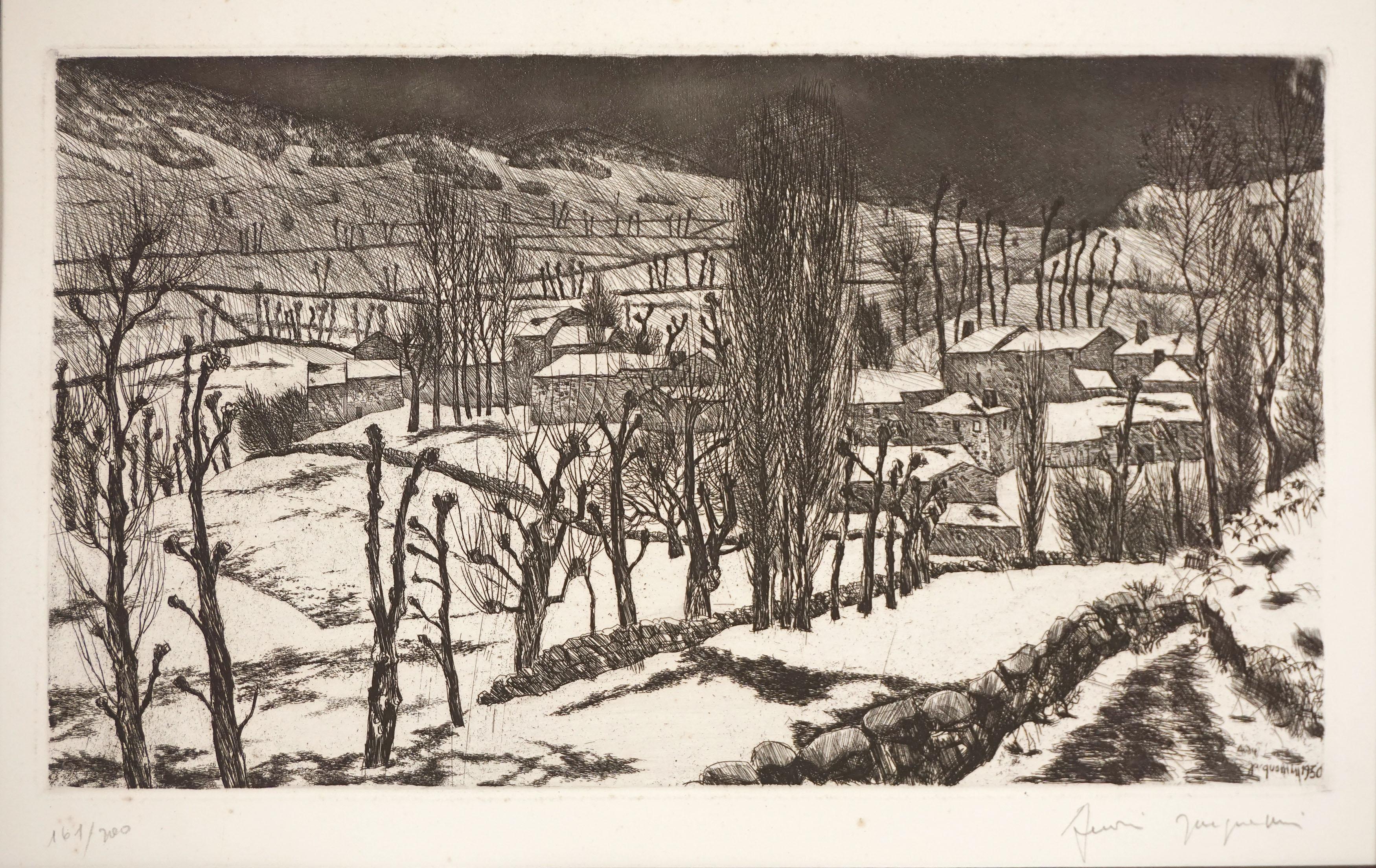 andre jacquemin  Landscape Print – Französische impressionistische Radierung aus der Mitte des Jahrhunderts – „Degel en Haute Loire“