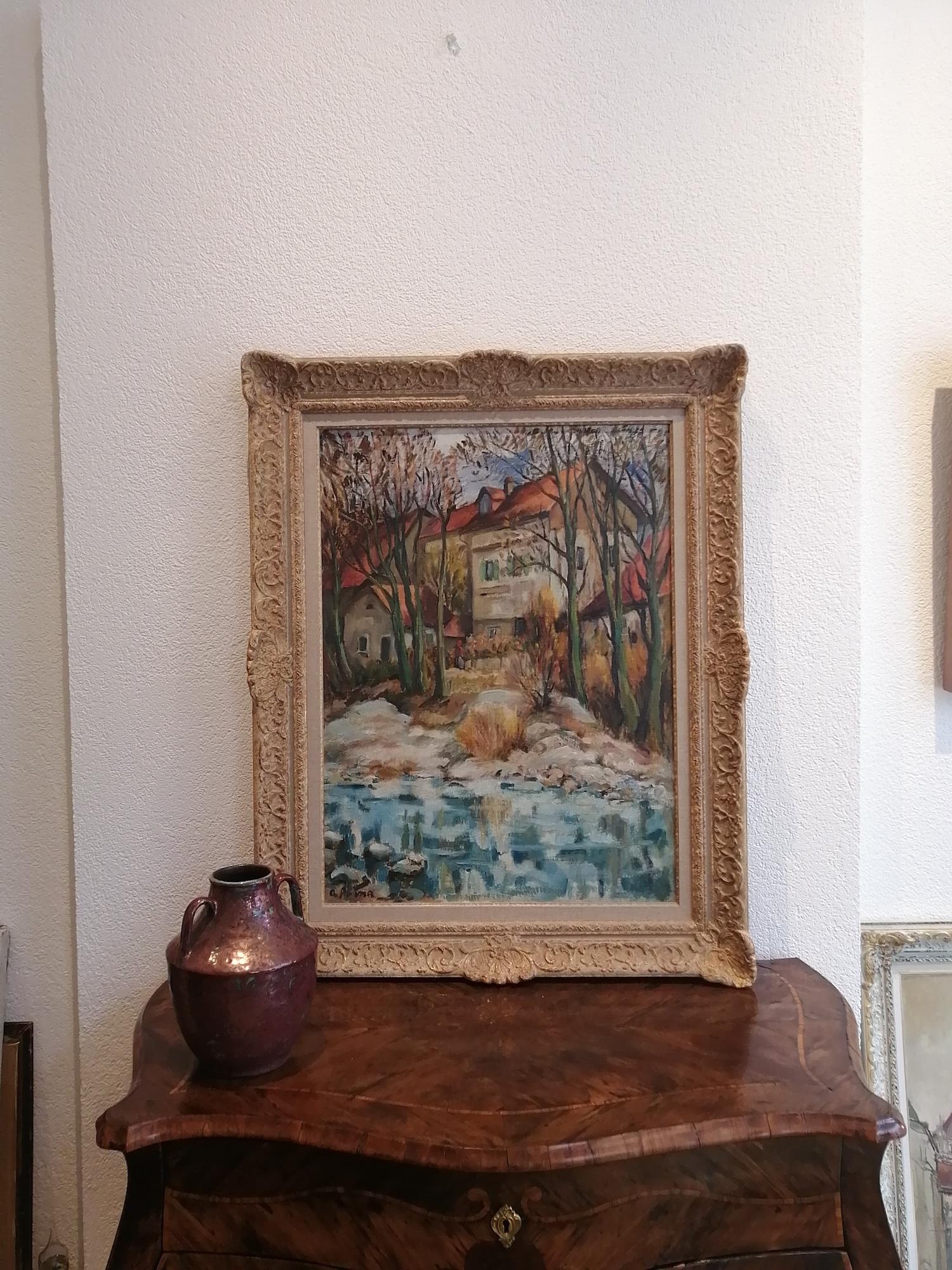 Maisons en bord de rivière - Painting de André Julien Prina