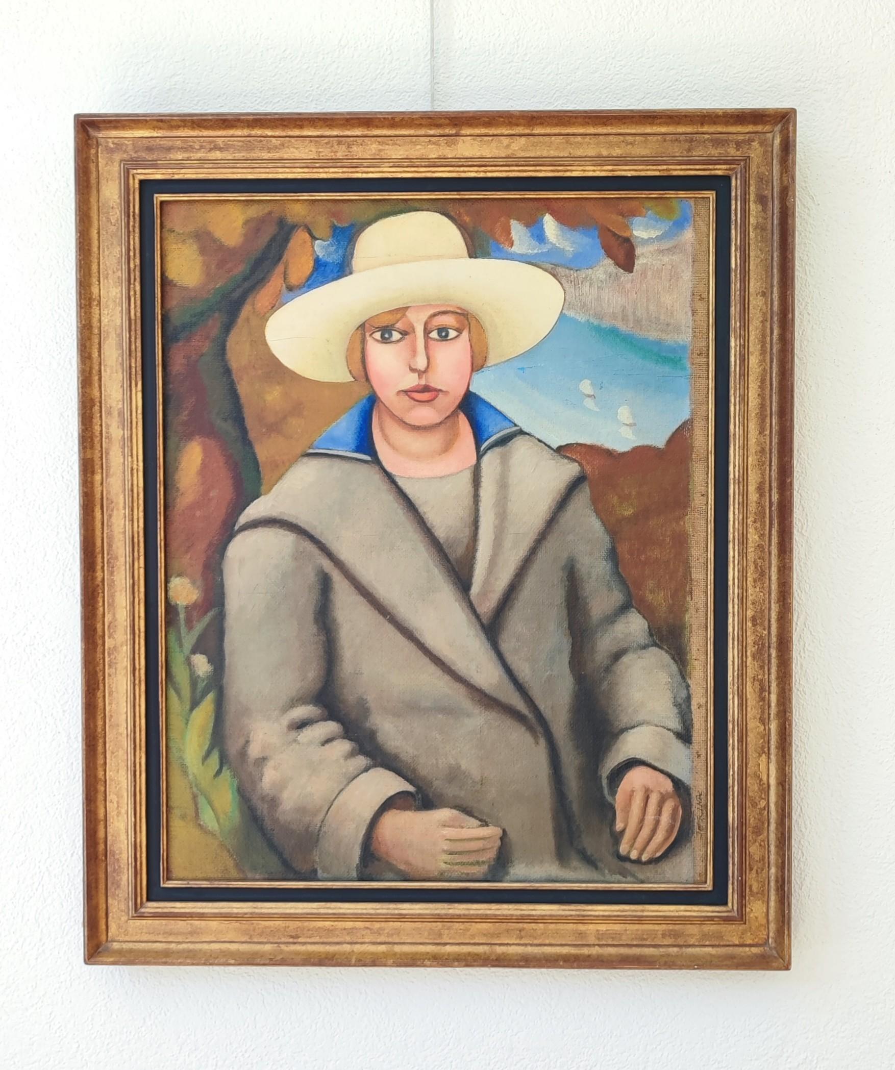 Portrait of a woman in front of a seascape - Painting by André Julien Prina